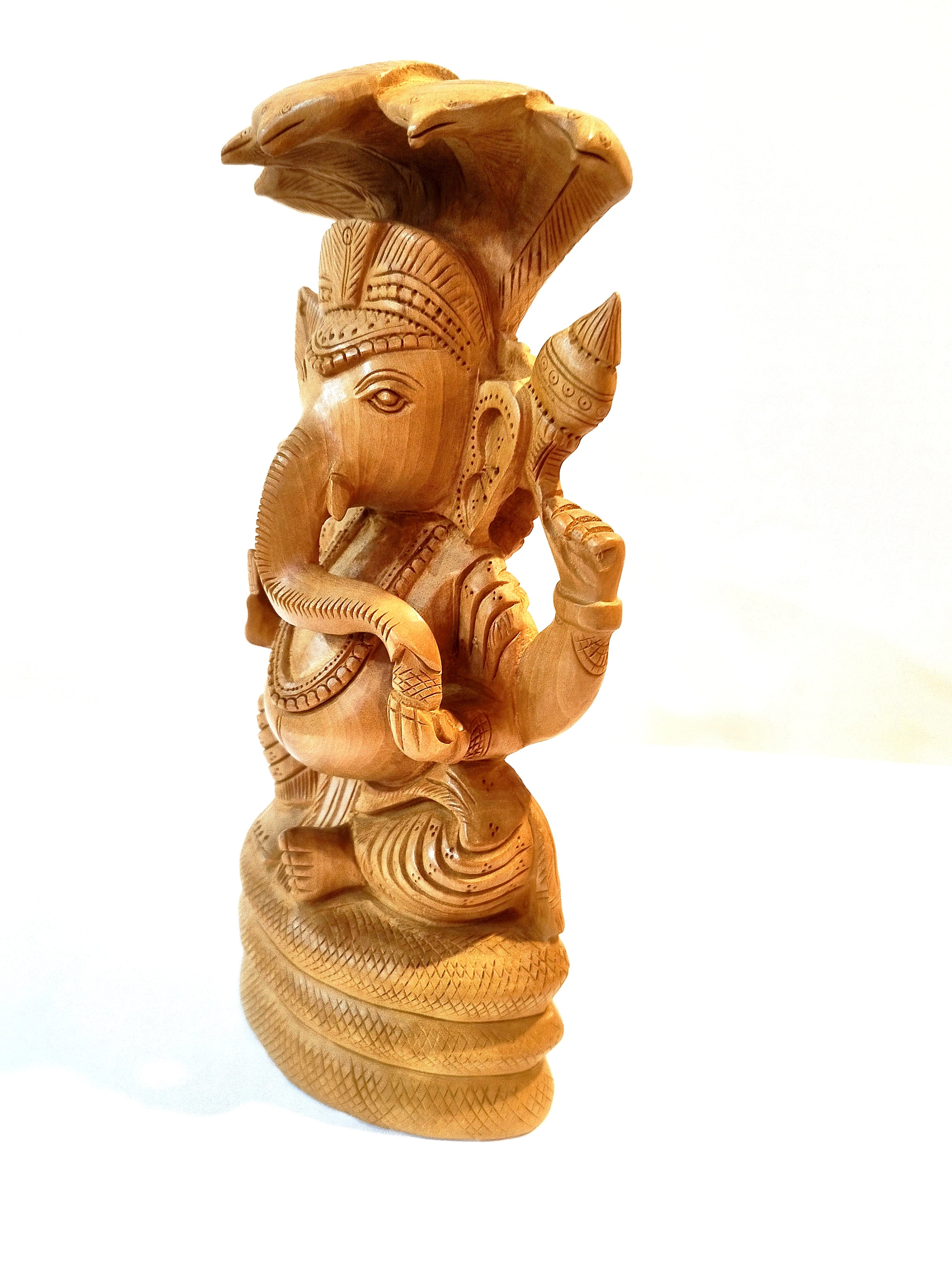 Handmade Kadamba Wood Lord Ganesha Statue with Serpent (Snake)