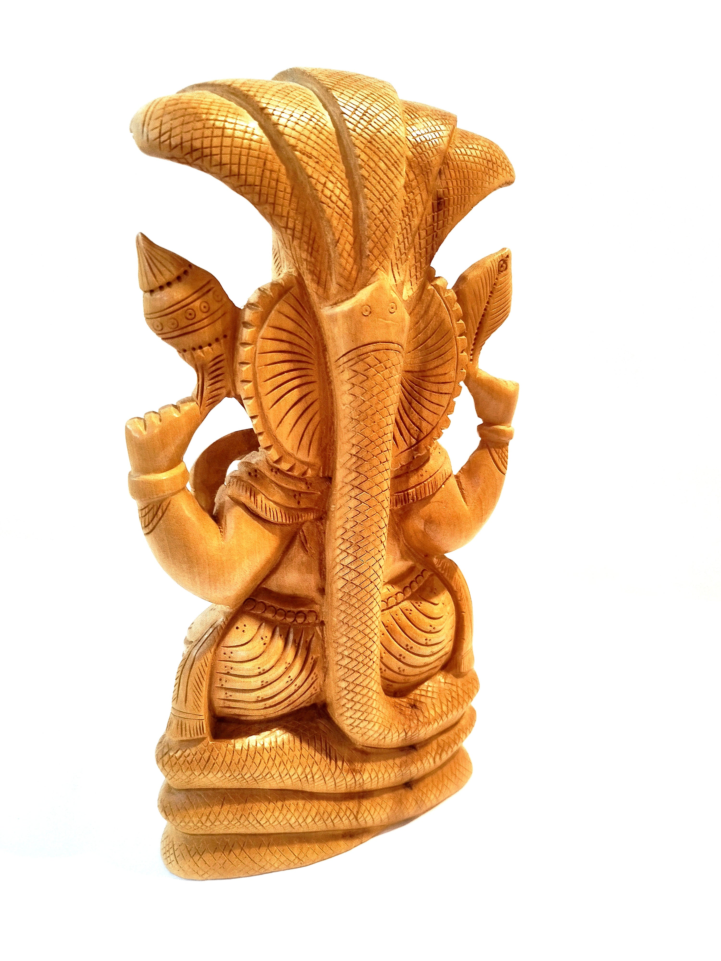 Handmade Kadamba Wood Lord Ganesha Statue with Serpent (Snake)