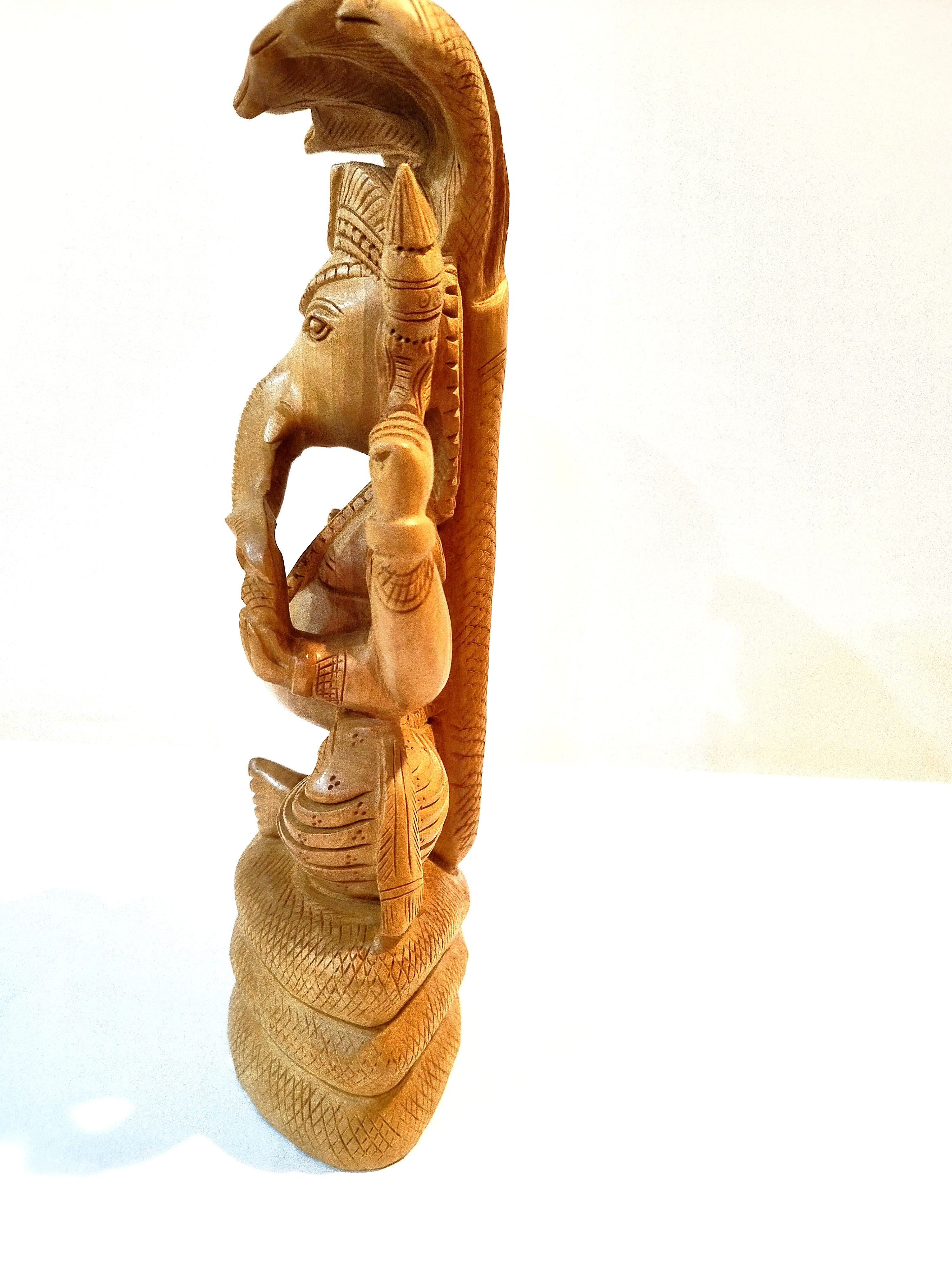 Handmade Kadamba Wood Lord Ganesha Statue with Serpent (Snake)