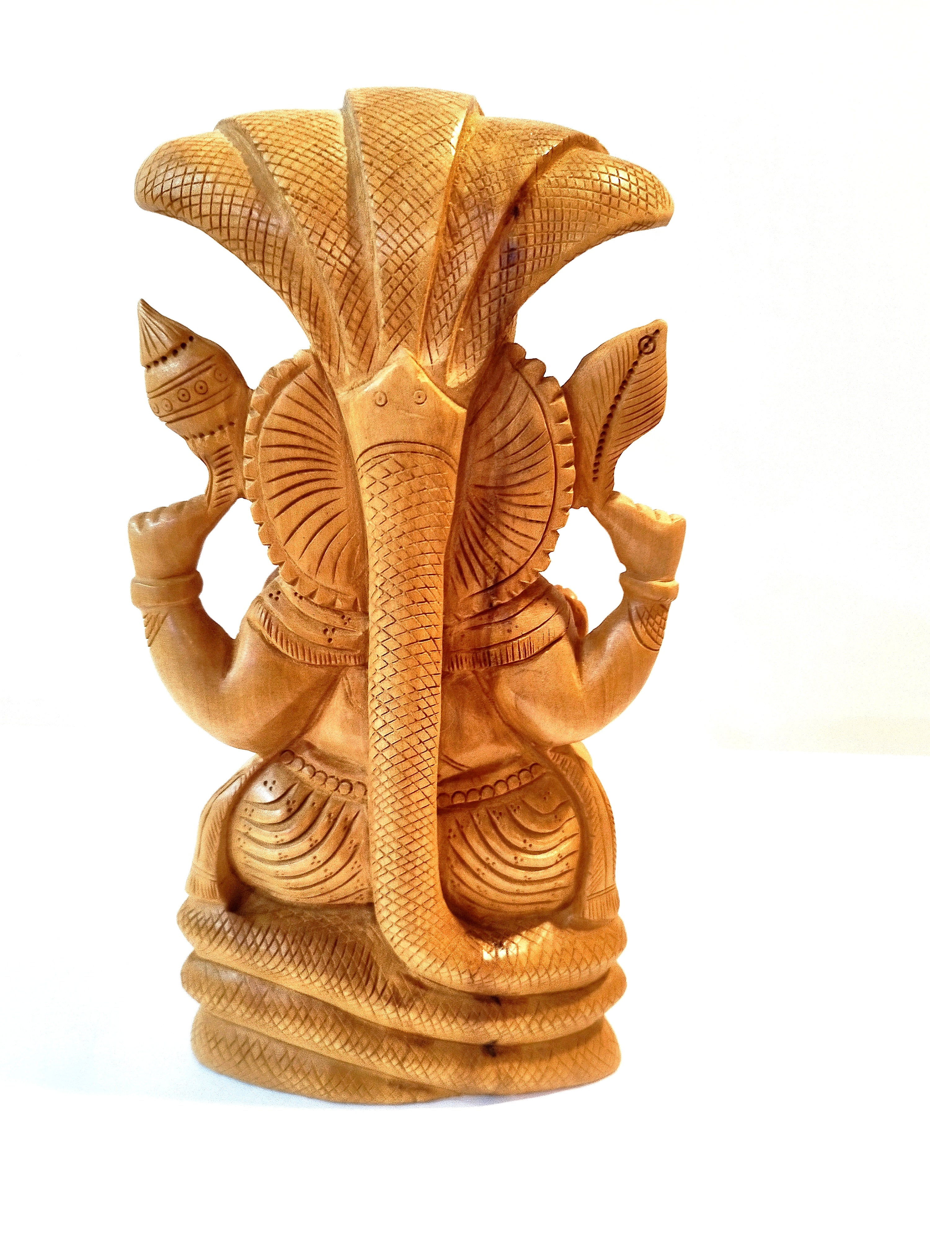 Handmade Kadamba Wood Lord Ganesha Statue with Serpent (Snake)