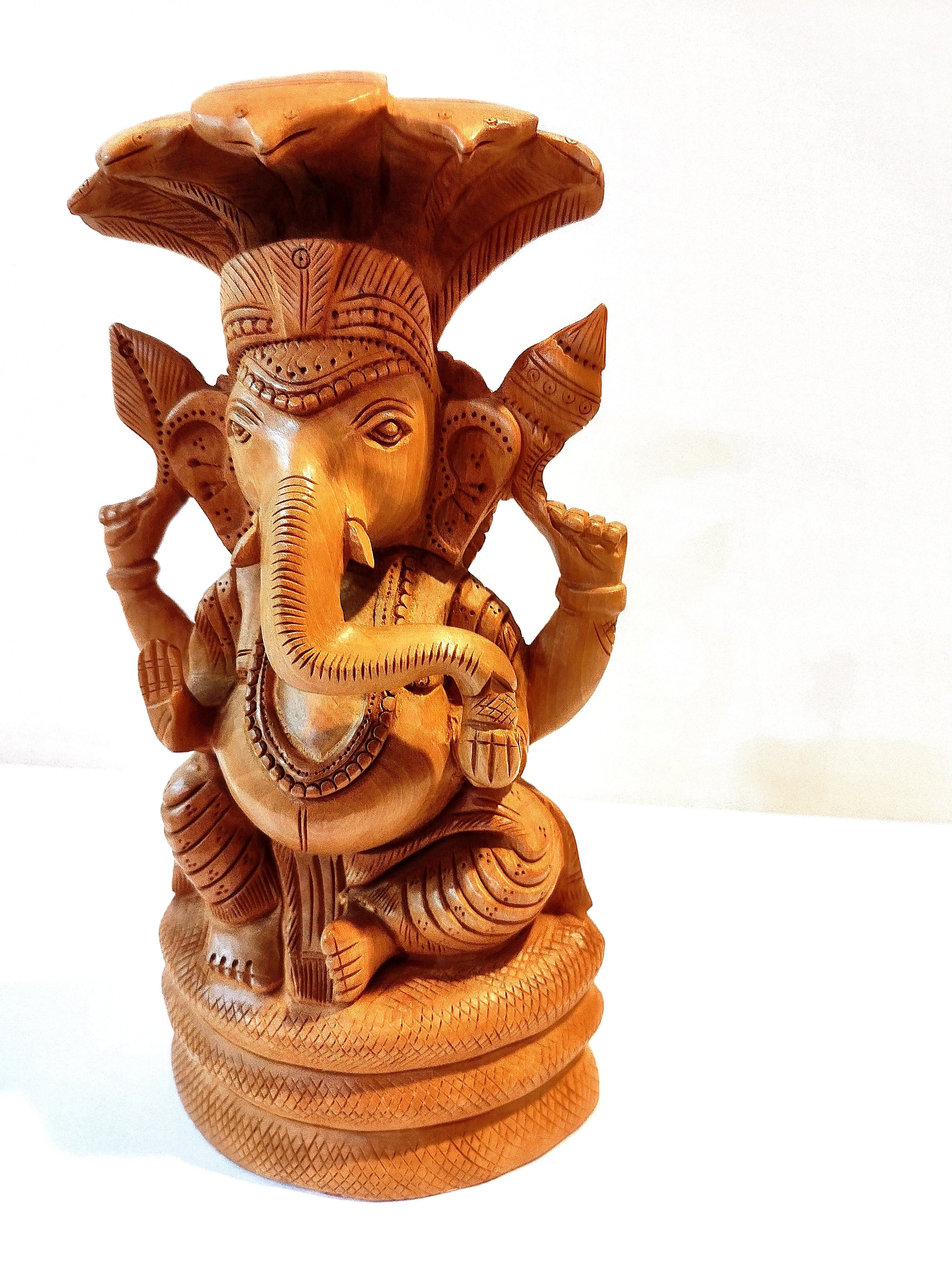 Handmade Kadamba Wood Lord Ganesha Statue with Serpent (Snake)