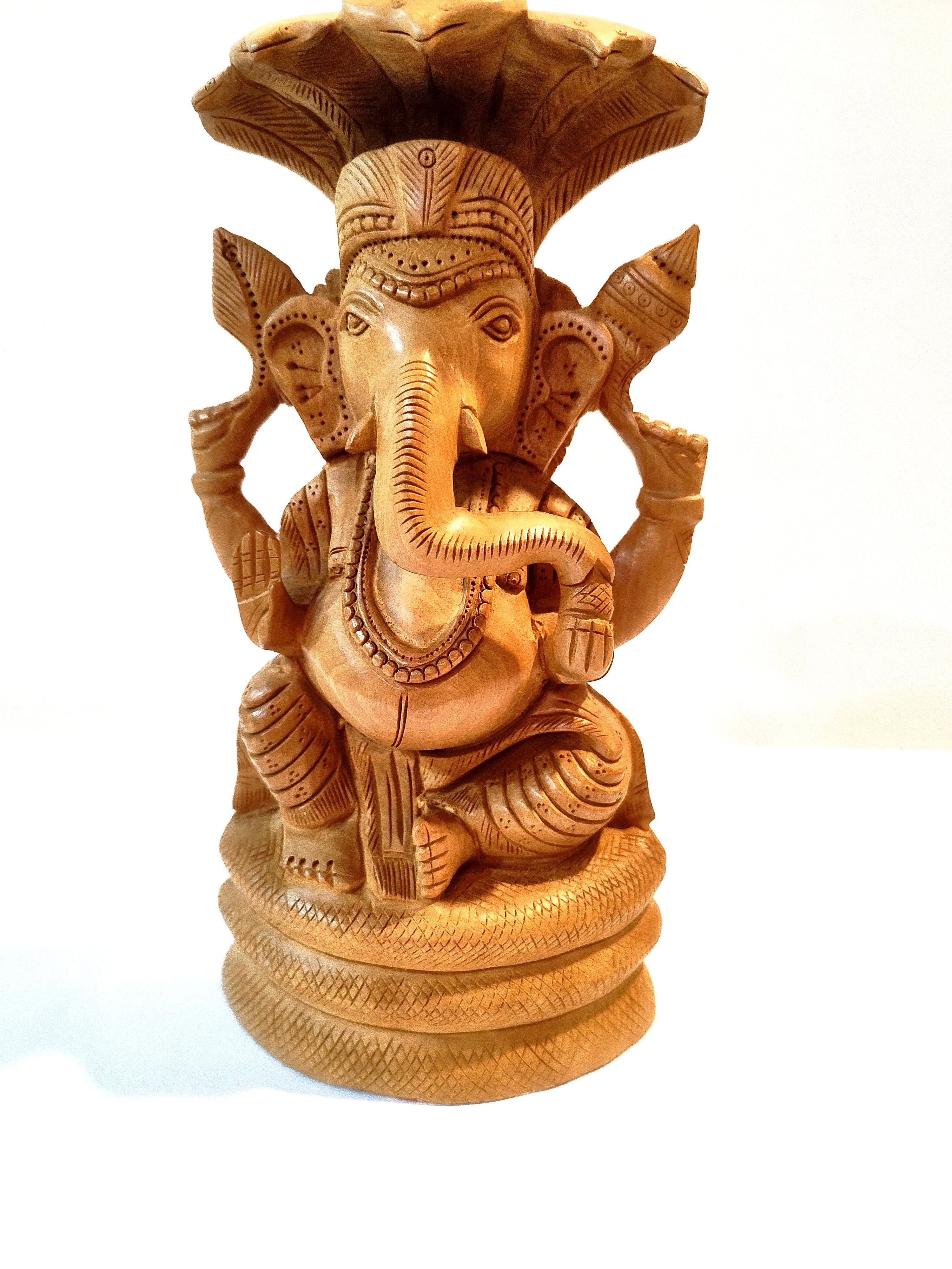 Handmade Kadamba Wood Lord Ganesha Statue with Serpent (Snake)