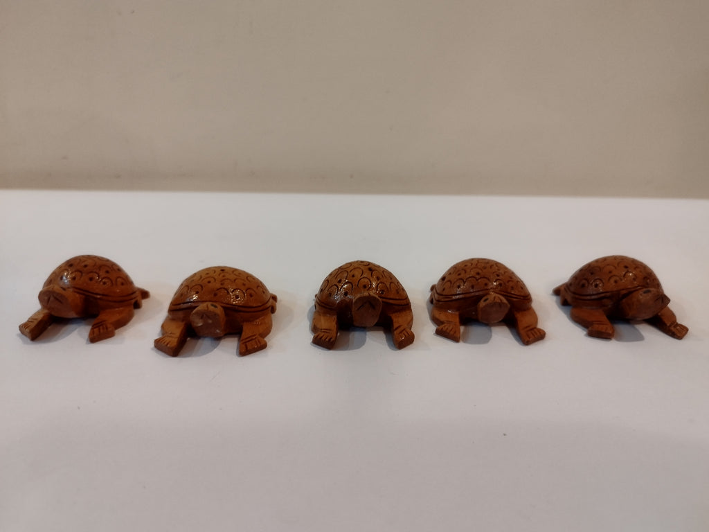 Handcrafted Kadam Wood Tortoise Family ( set of 5 tortoise 3 inches in width) Sculpture: Spiritual Decor