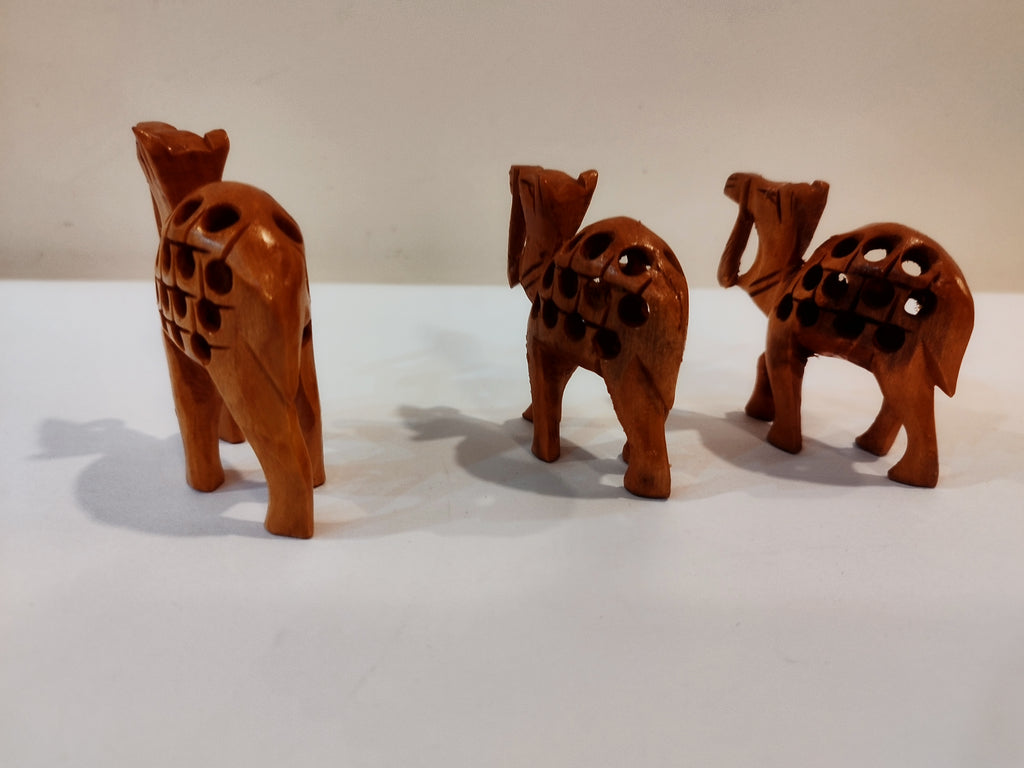 Handcrafted Kadam Wood Camel Family Statue ( set of three, eight 3,2.5 and 2 inches): Spiritual Decor