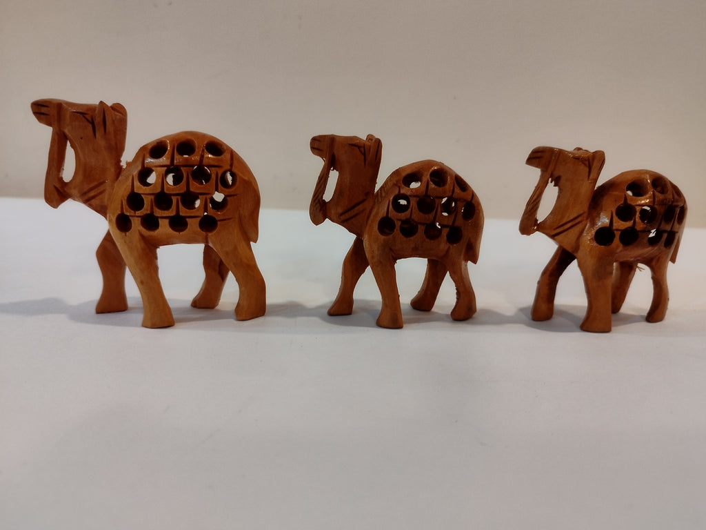 Handcrafted Kadam Wood Camel Family Statue ( set of three, eight 3,2.5 and 2 inches): Spiritual Decor