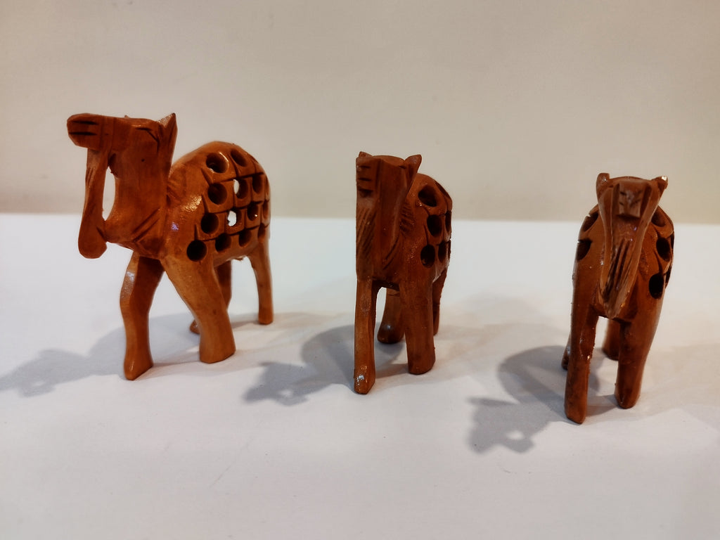 Handcrafted Kadam Wood Camel Family Statue ( set of three, eight 3,2.5 and 2 inches): Spiritual Decor