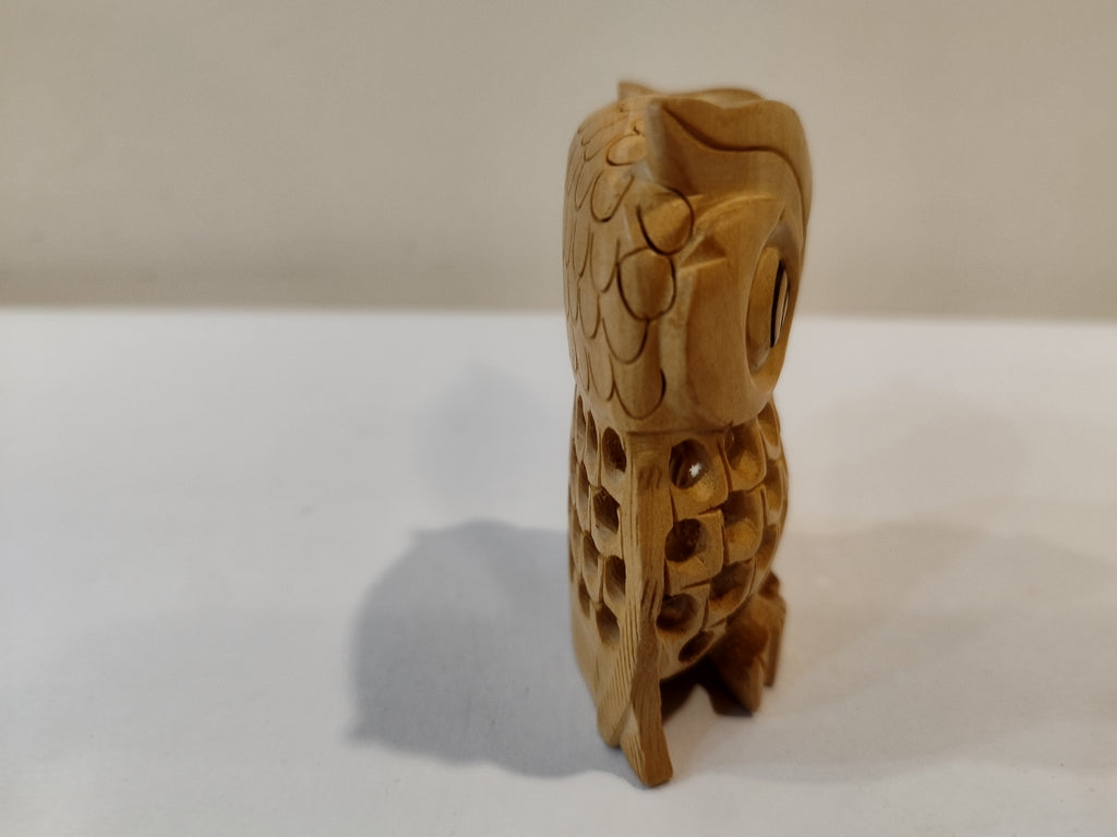 Hand Carved wooden owl Mother and baby Onyx Inlay one pieces, three inches.