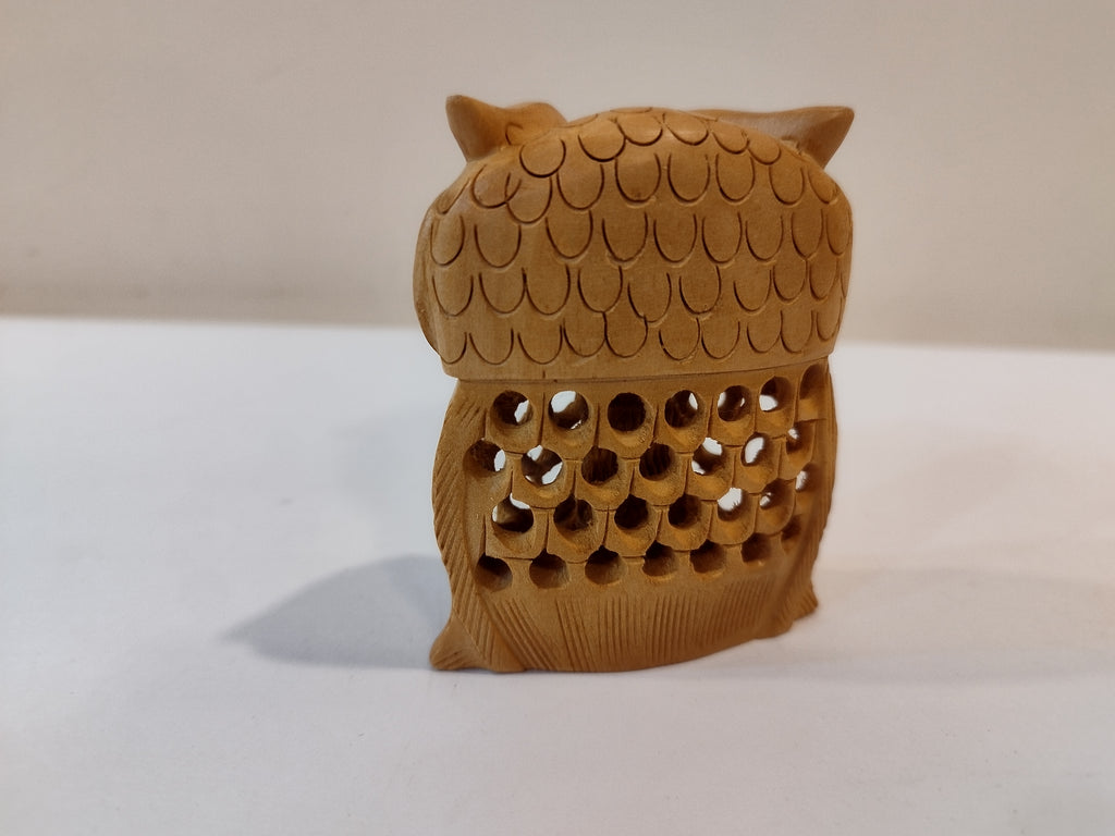 Hand carved wooden owl mother and baby onyx inlay one piece