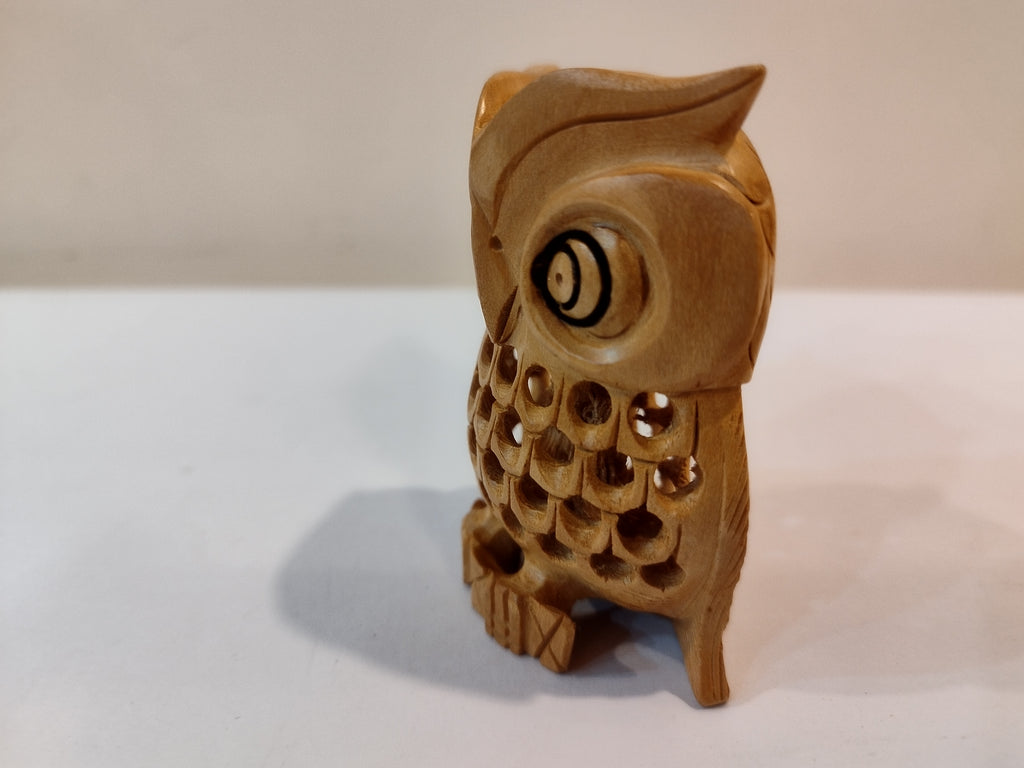 Hand carved wooden owl mother and baby onyx inlay one piece