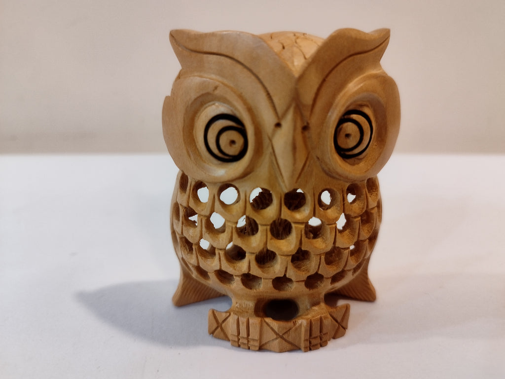 Hand Carved wooden owl Mother and baby Onyx Inlay one pieces, three inches.