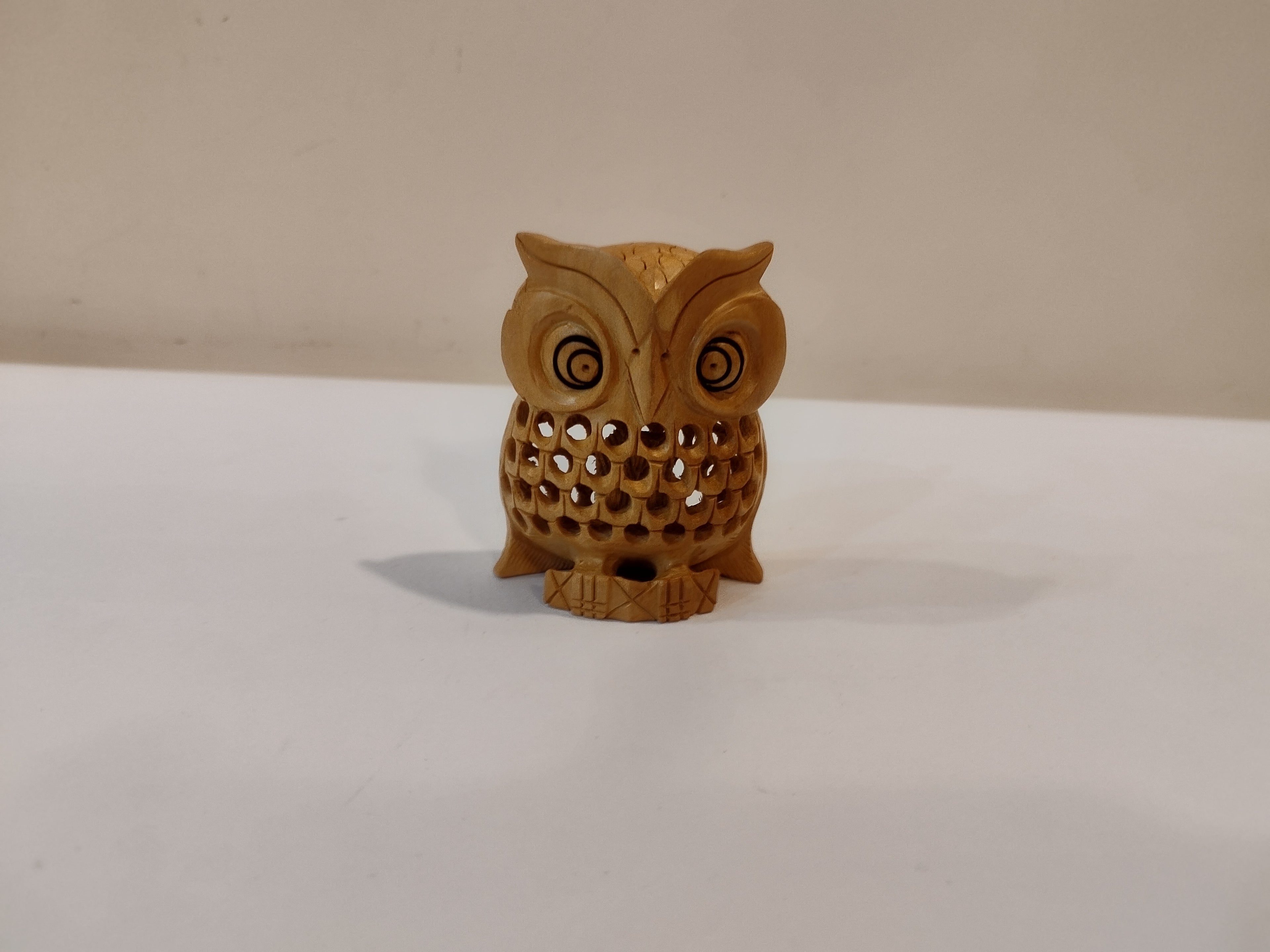 Hand Carved wooden owl Mother and baby Onyx Inlay one pieces, three inches.