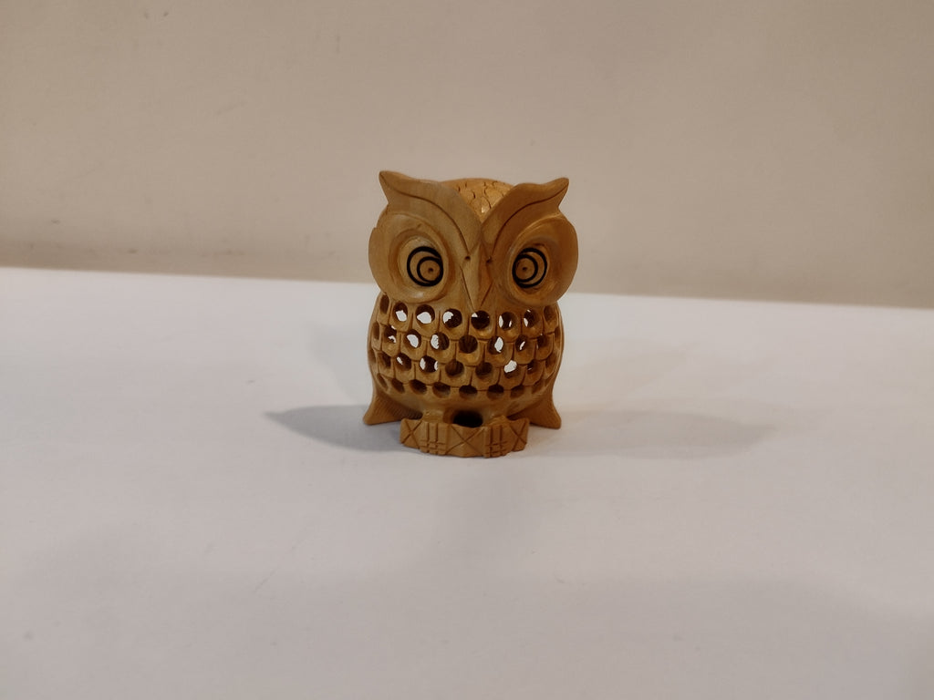 Hand carved wooden owl mother and baby onyx inlay one piece
