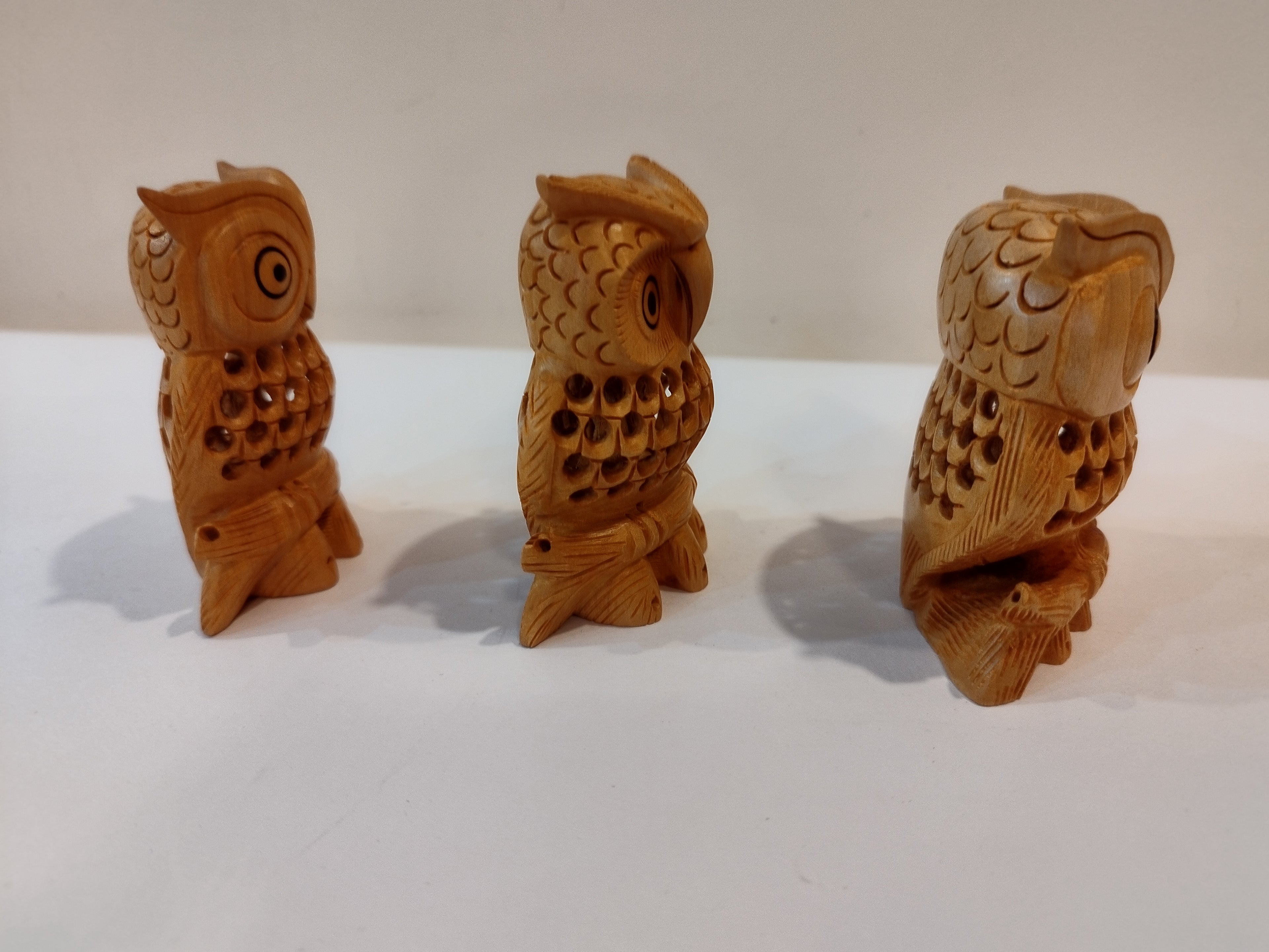 Hand Carved wooden owl family Mother and baby Onyx Inlay three pieces, three inches.