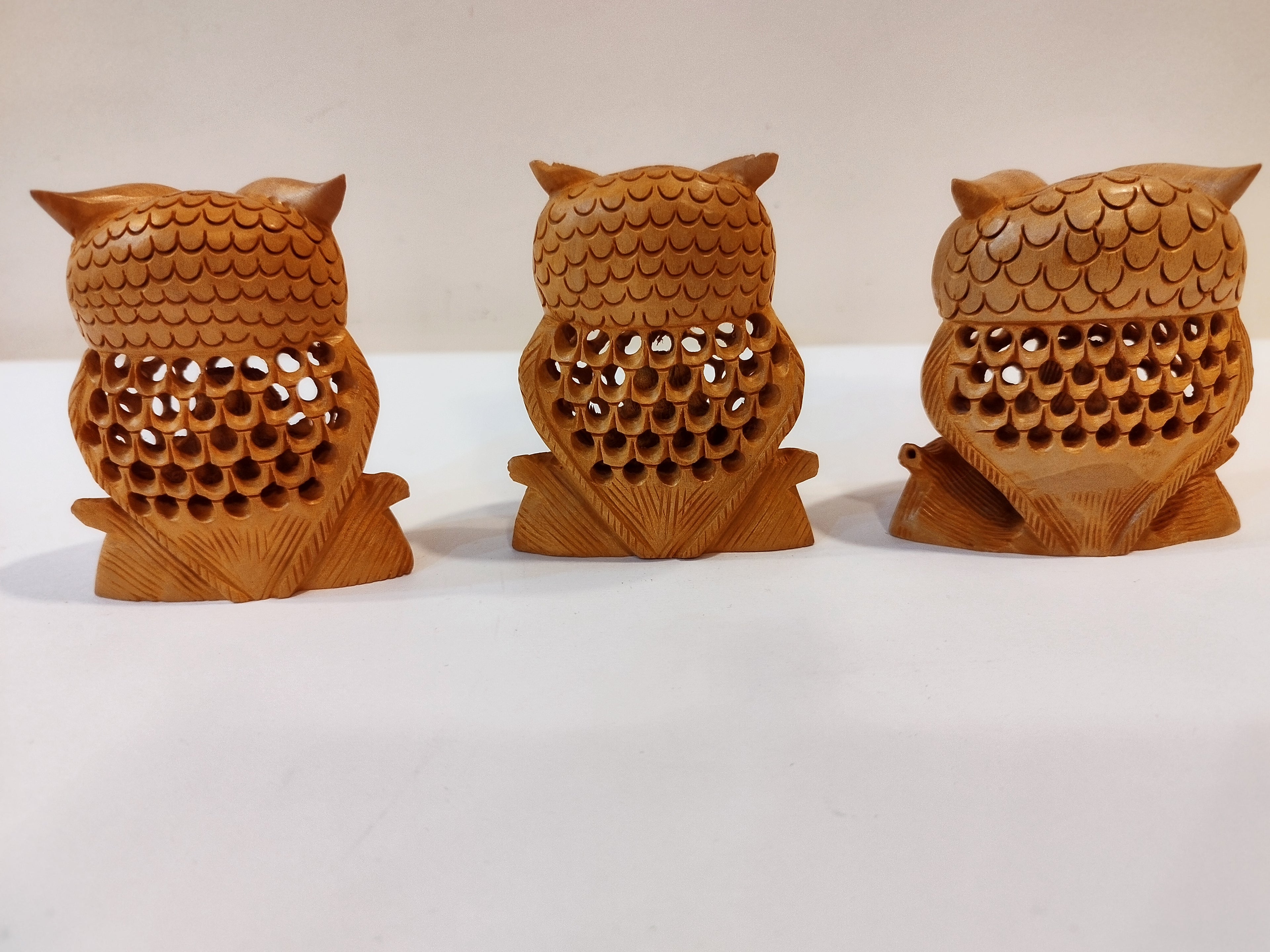 Hand Carved wooden owl family Mother and baby Onyx Inlay three pieces, three inches.