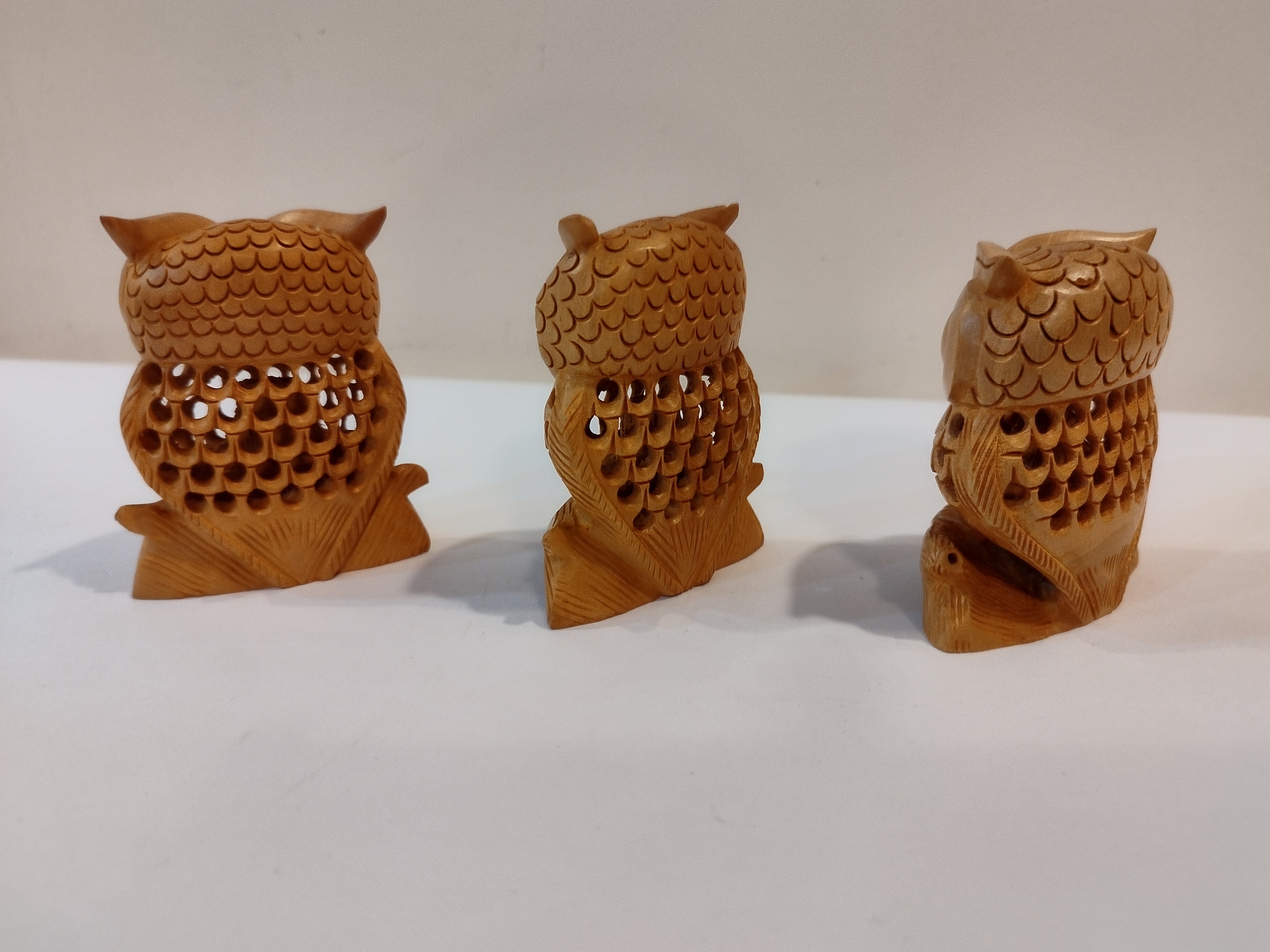 Hand Carved wooden owl family Mother and baby Onyx Inlay three pieces, three inches.