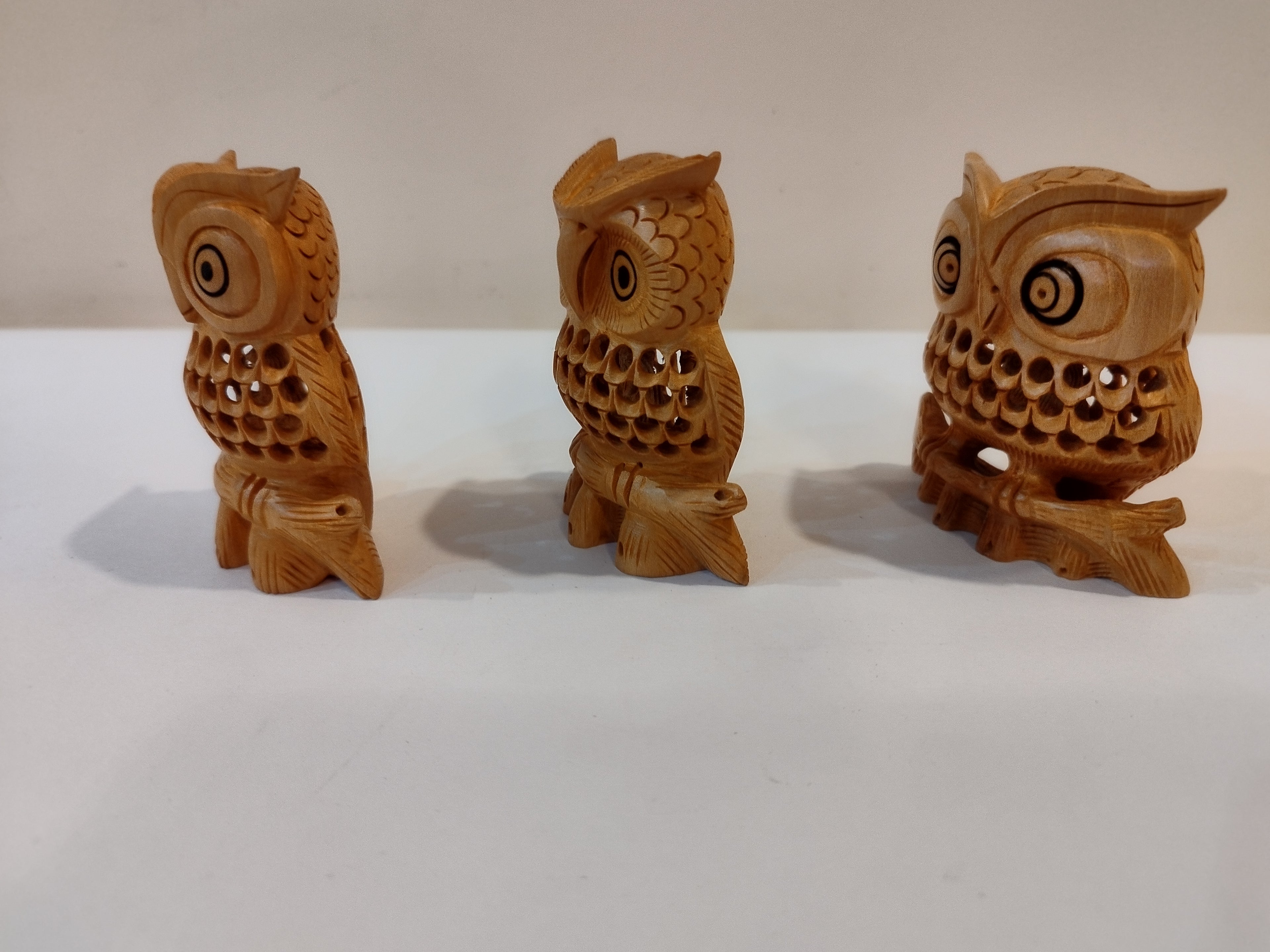 Hand Carved wooden owl family Mother and baby Onyx Inlay three pieces, three inches.
