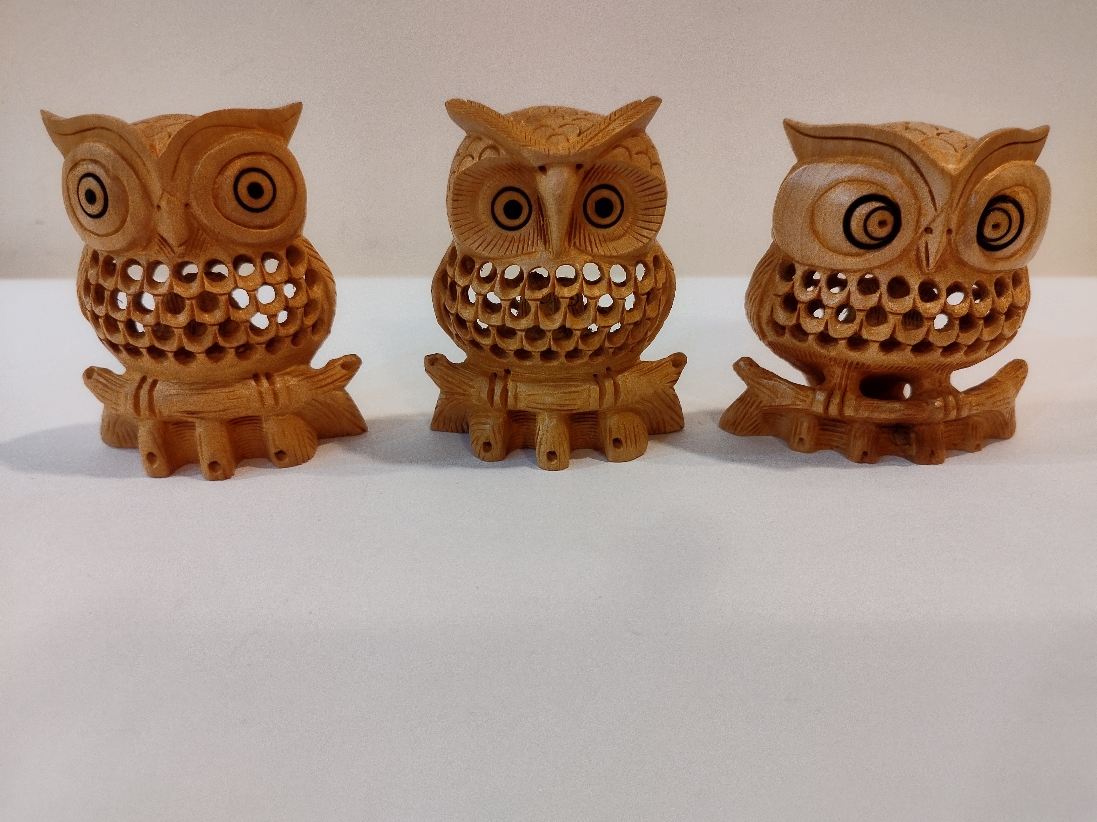 Hand Carved wooden owl family Mother and baby Onyx Inlay three pieces, three inches.