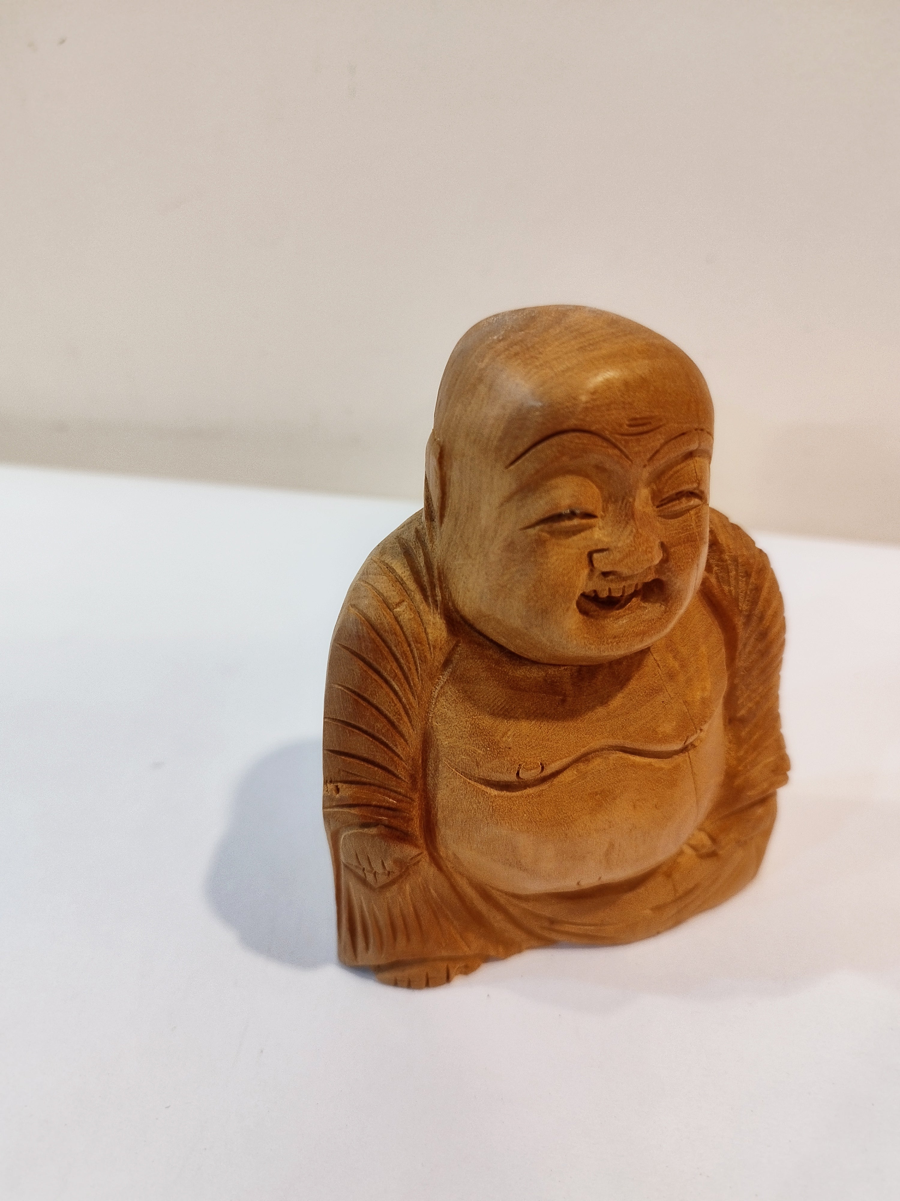 Handcrafted Oily Wood Laughing Buddha Statue