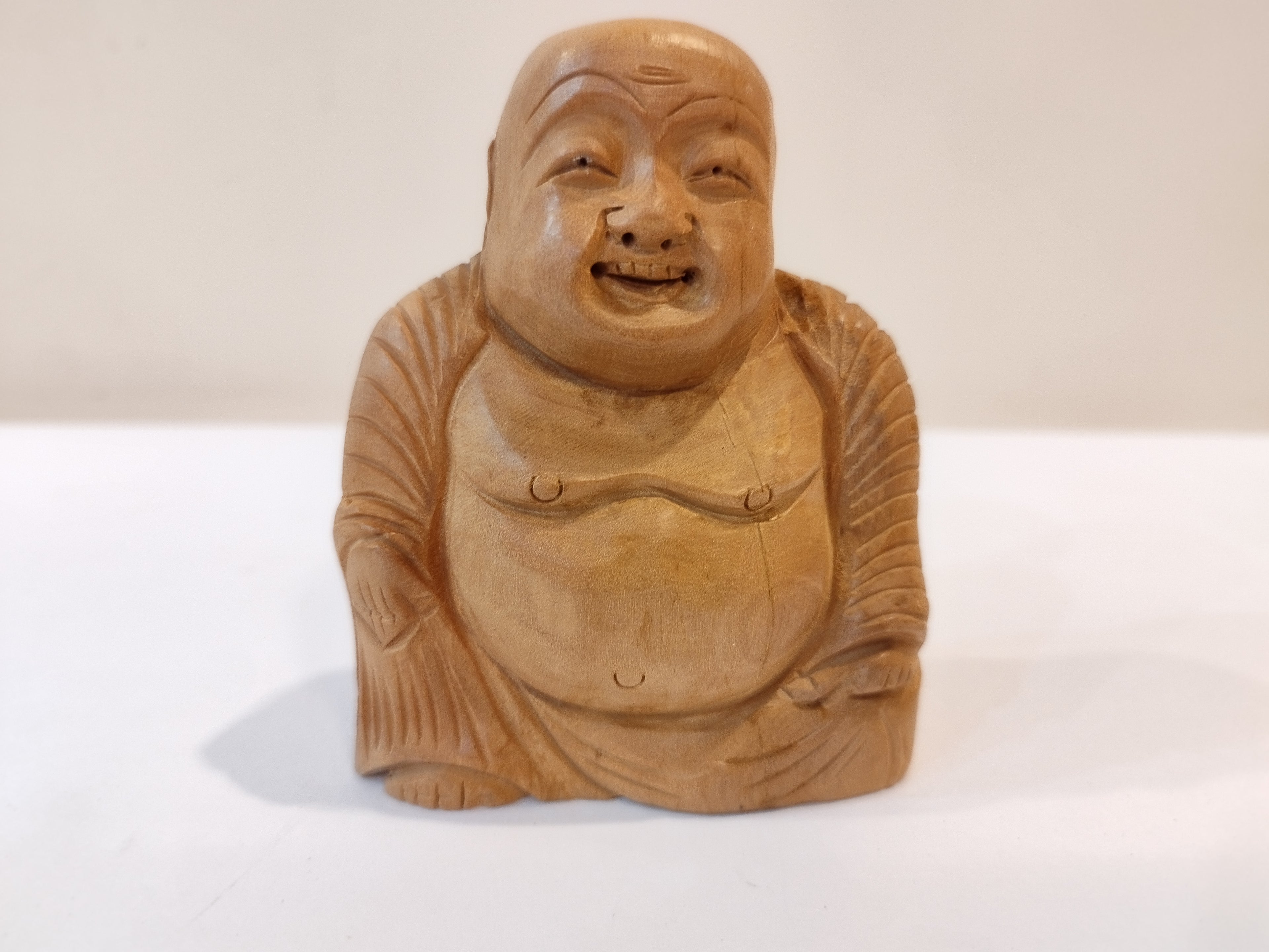 Handcrafted Oily Wood Laughing Buddha Statue