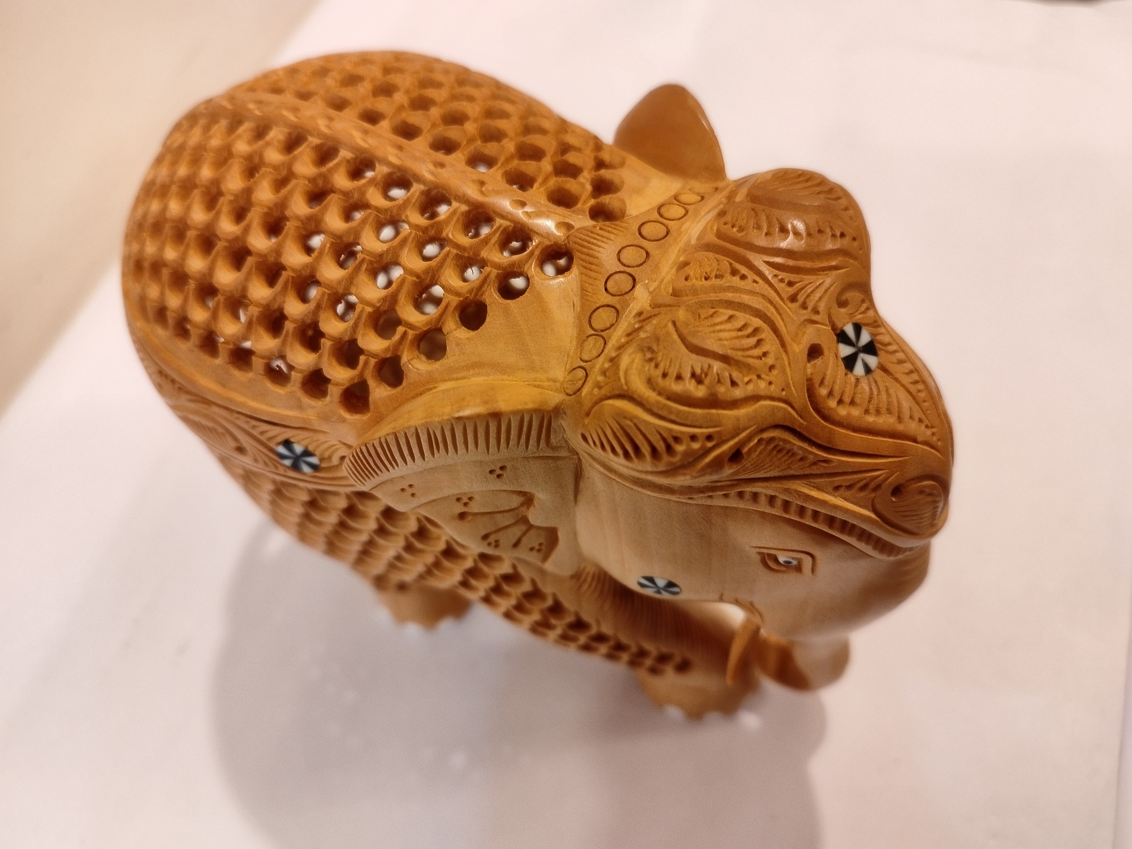 Mother and Baby in a Hand-Carved Kadam Wood Elephant Sculpture with Onyx Inlay Down Trunk
