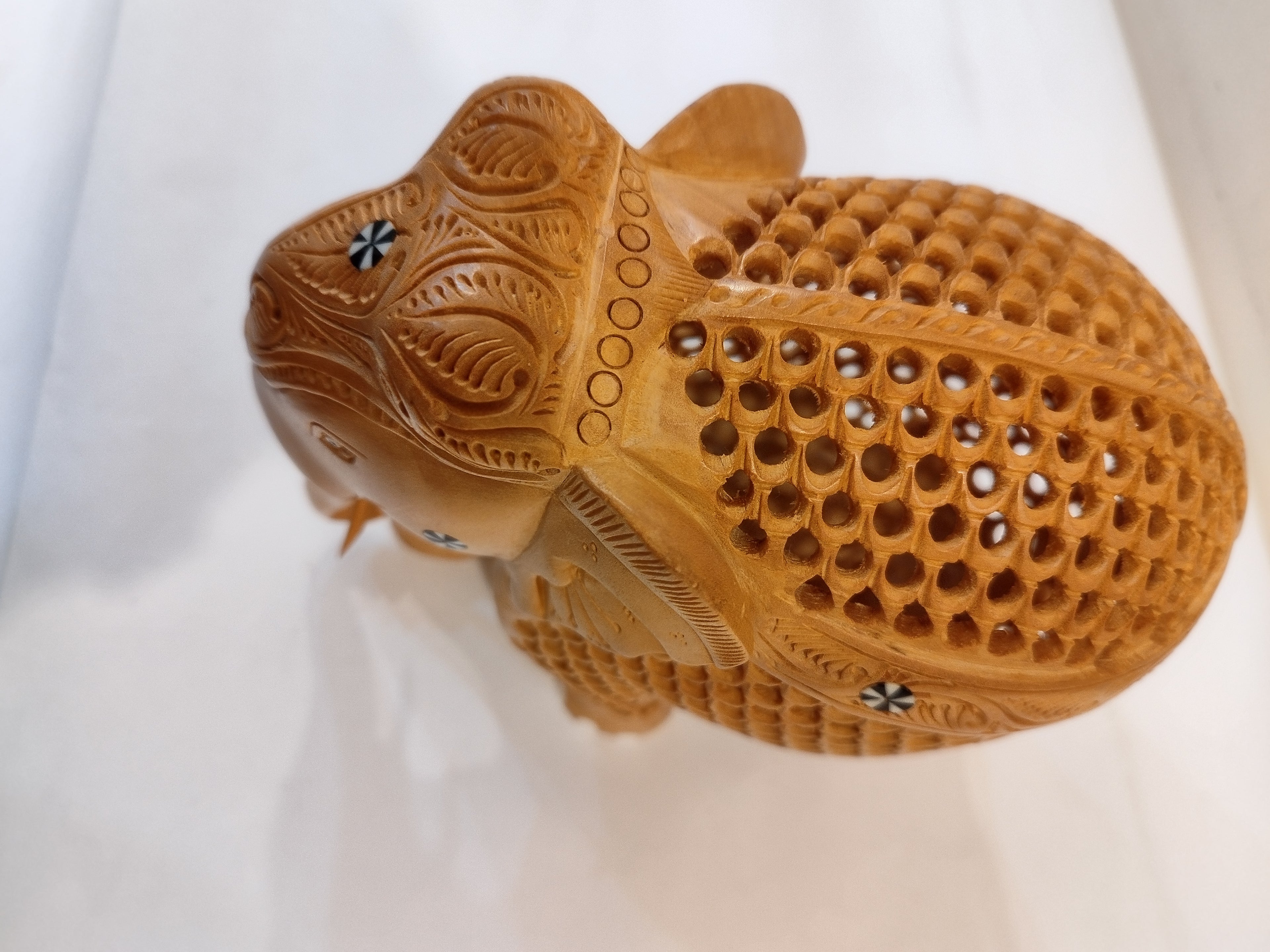Mother and Baby in a Hand-Carved Kadam Wood Elephant Sculpture with Onyx Inlay Down Trunk