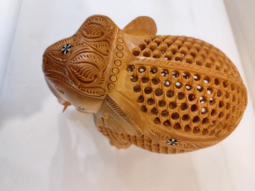 Mother and Baby in a Hand-Carved Kadam Wood Elephant Sculpture with Onyx Inlay Down Trunk