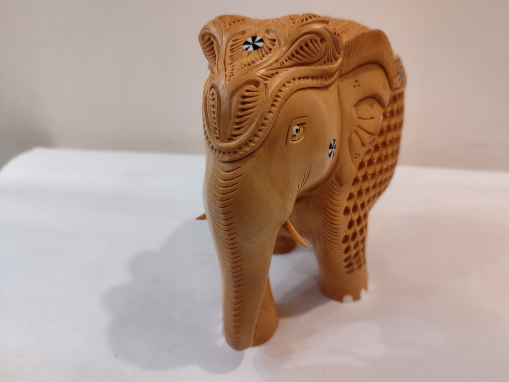 Mother and Baby in a Hand-Carved Kadam Wood Elephant Sculpture with Onyx Inlay Down Trunk