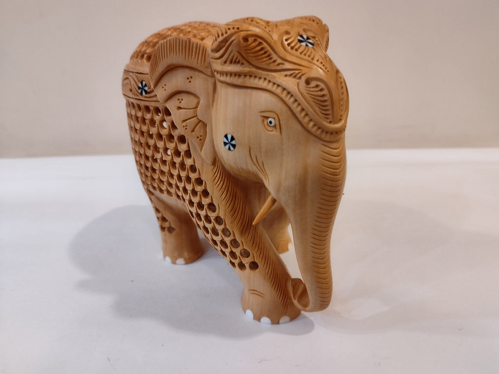 Mother and Baby in a Hand-Carved Kadam Wood Elephant Sculpture with Onyx Inlay Down Trunk