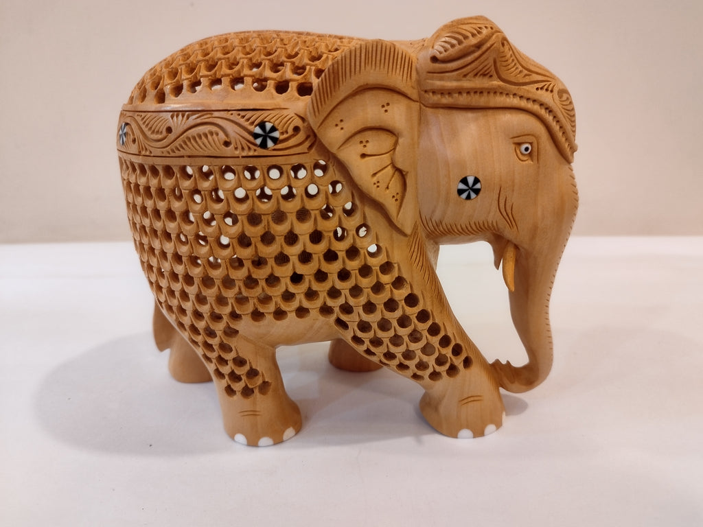 Mother and Baby in a Hand-Carved Kadam Wood Elephant Sculpture with Onyx Inlay Down Trunk
