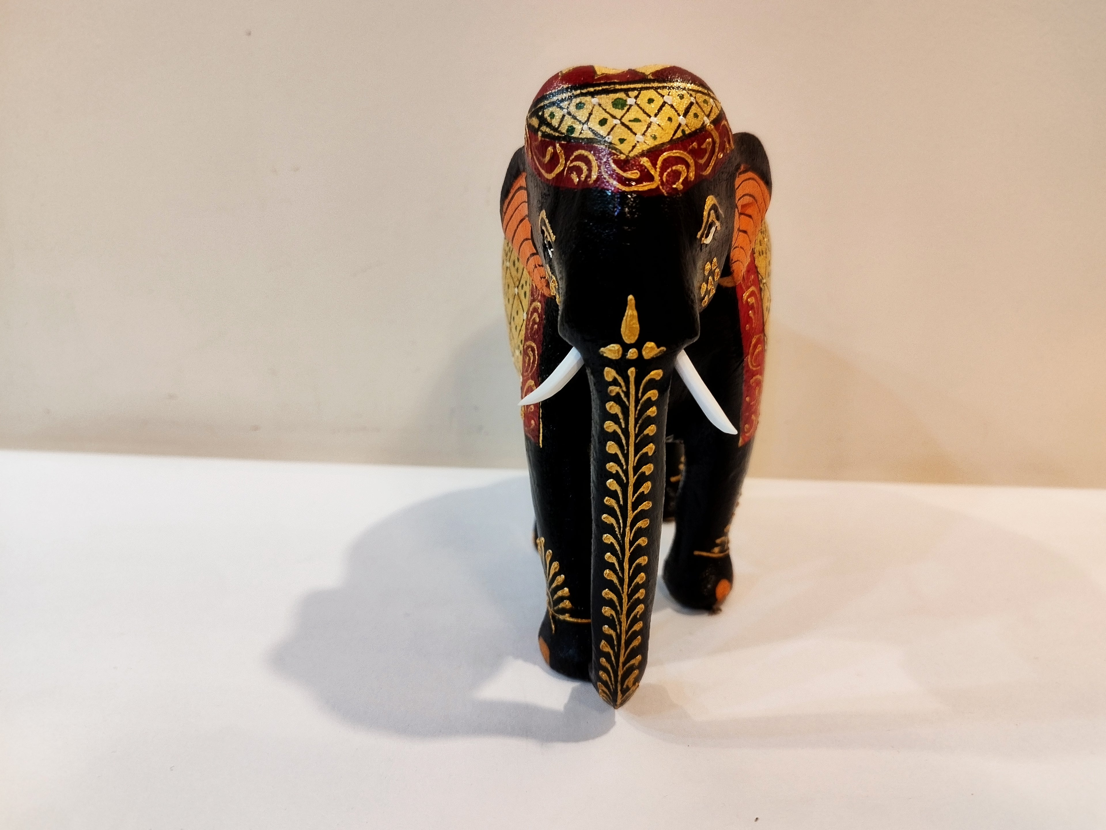 Handcrafted Black Kadam Wood Elephant Painted Statue Strength & Faith