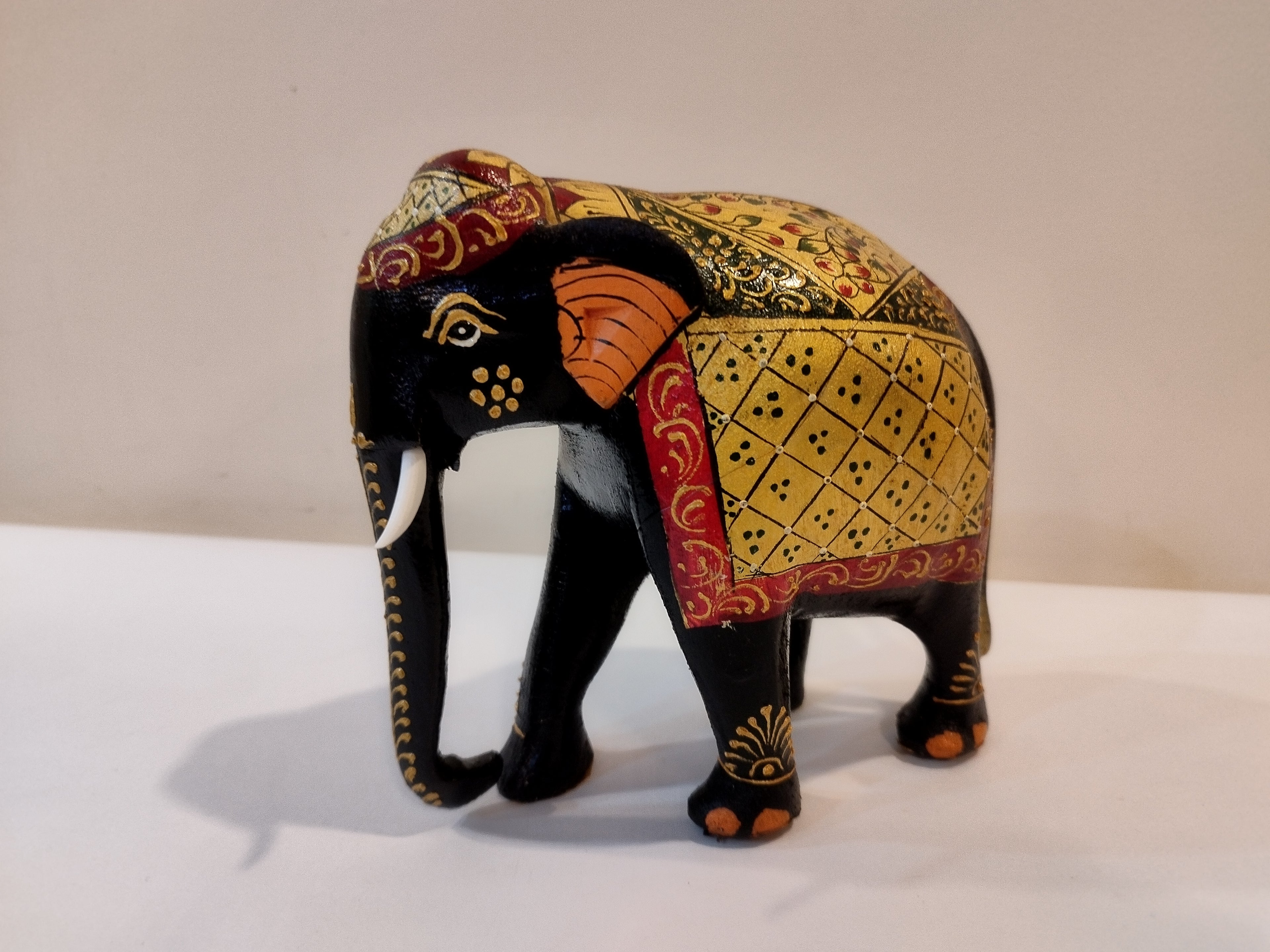 Handcrafted Black Kadam Wood Elephant Painted Statue Strength & Faith