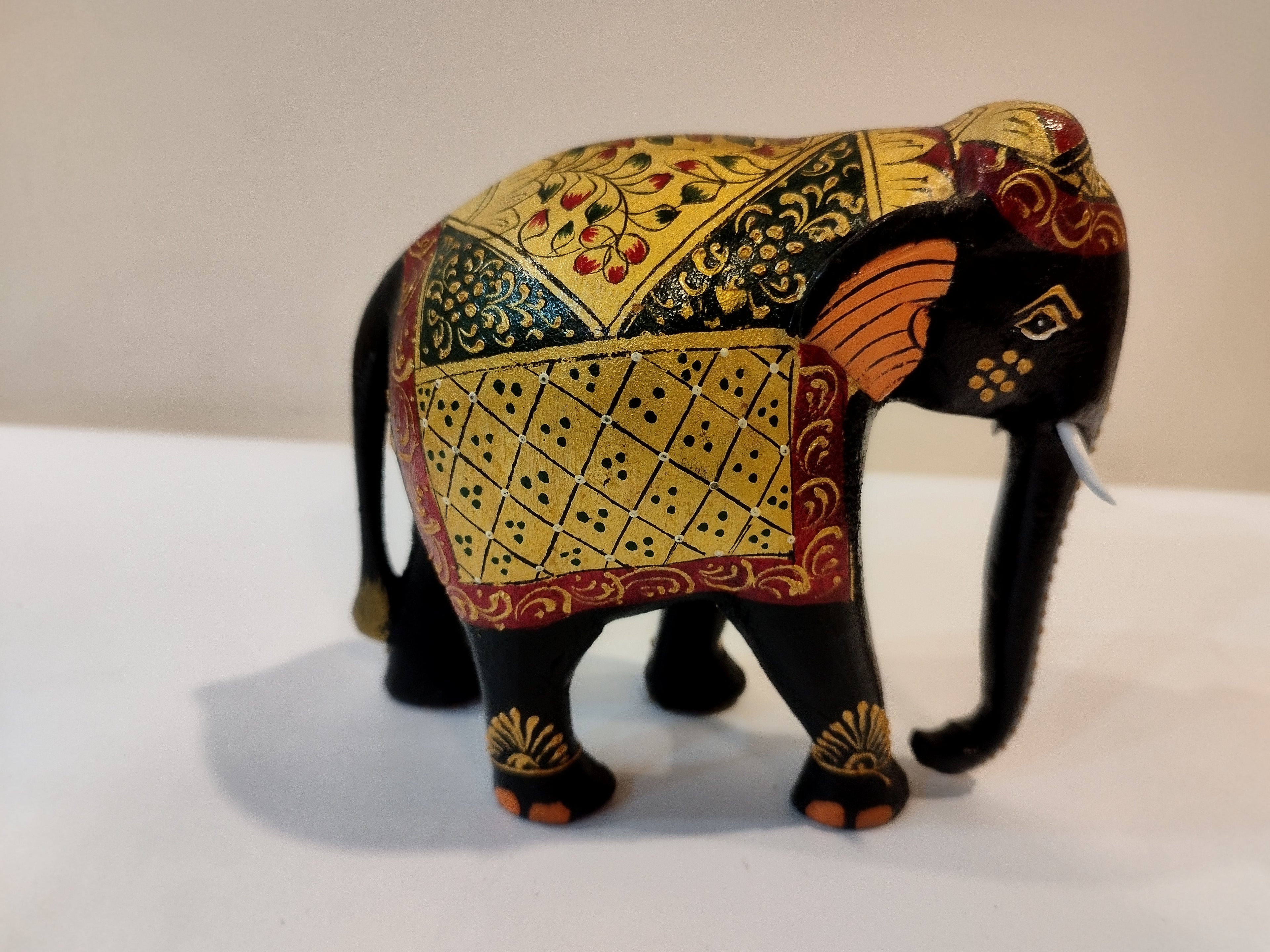 Handcrafted Black Kadam Wood Elephant Painted Statue Strength & Faith