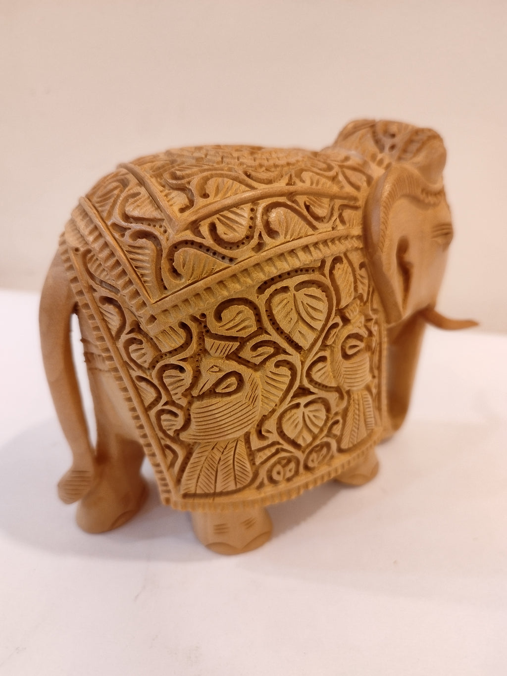 Handcrafted Kadam Wood Elephant with Peacock Sculpture 5 Inches – Spiritual Home Decor