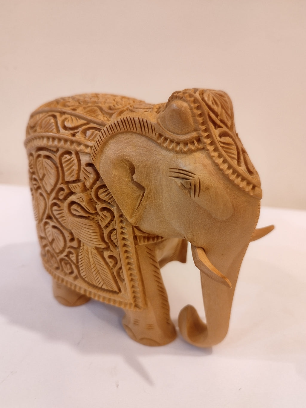 Handcrafted Kadam Wood Elephant with Peacock Sculpture 5 Inches – Spiritual Home Decor