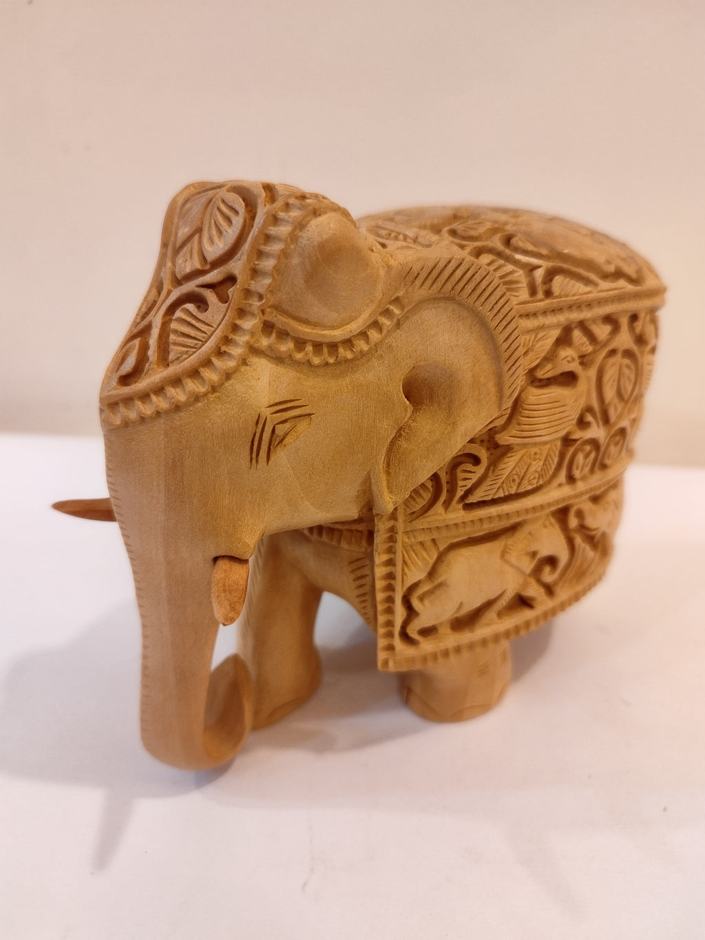 Handcrafted Kadam Wood Elephant with surrounding baby elephants and Peacock- 5 Inches Sculpture - : Spiritual Home Decor