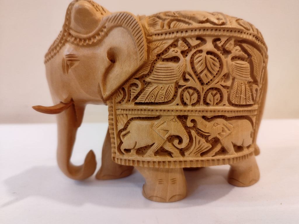 Handcrafted Kadam Wood Elephant with surrounding baby elephants and Peacock- 5 Inches Sculpture - : Spiritual Home Decor