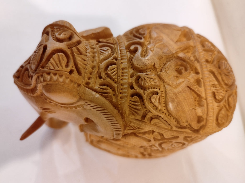 Handcrafted Kadam Wood Elephant with surrounding baby elephants and Peacock- 5 Inches Sculpture - : Spiritual Home Decor