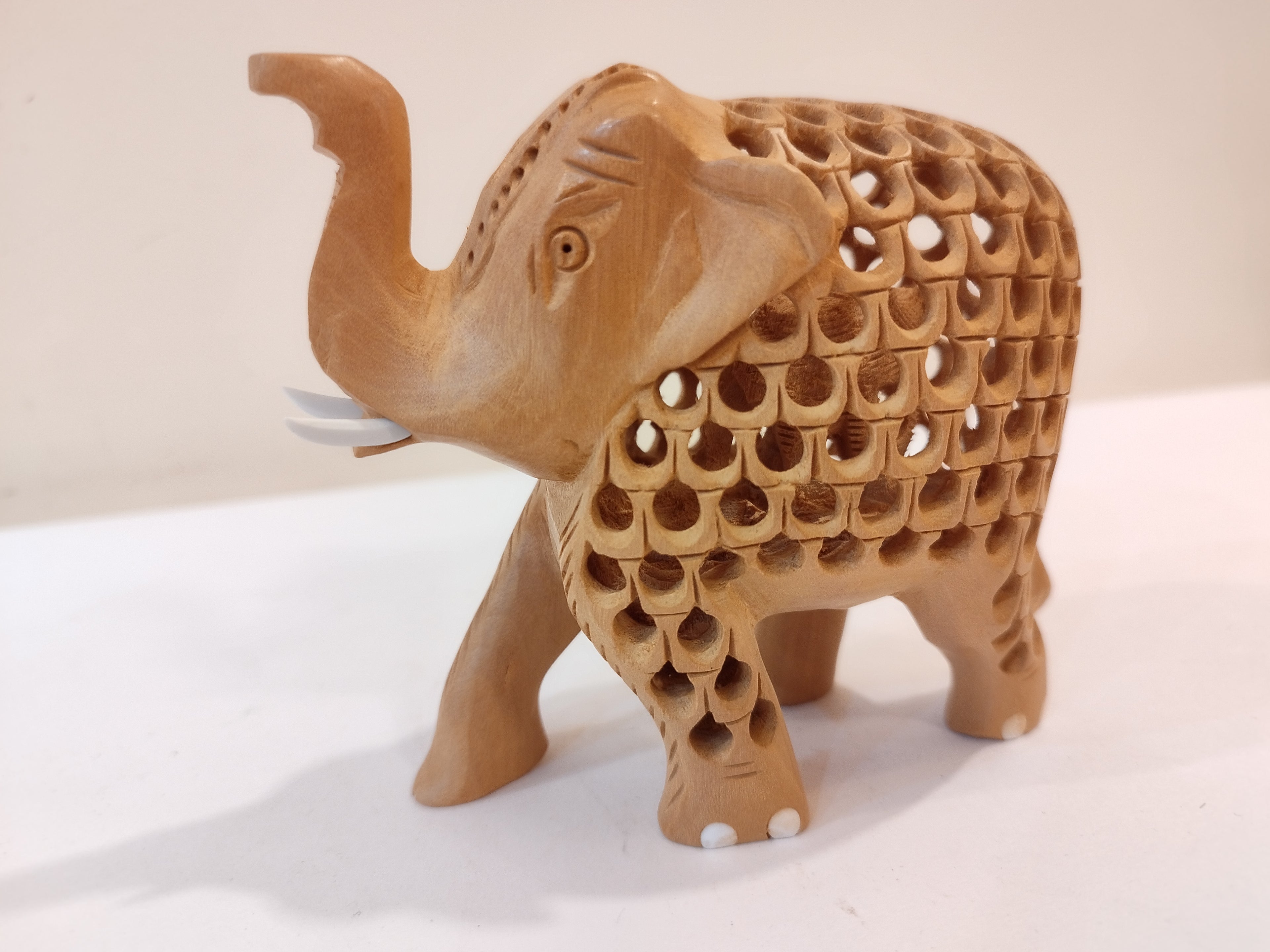 Hand Carved Kadam Wood Elephant mother and baby Onyx Inlay up trunk - 4 inches: Spiritual Decor