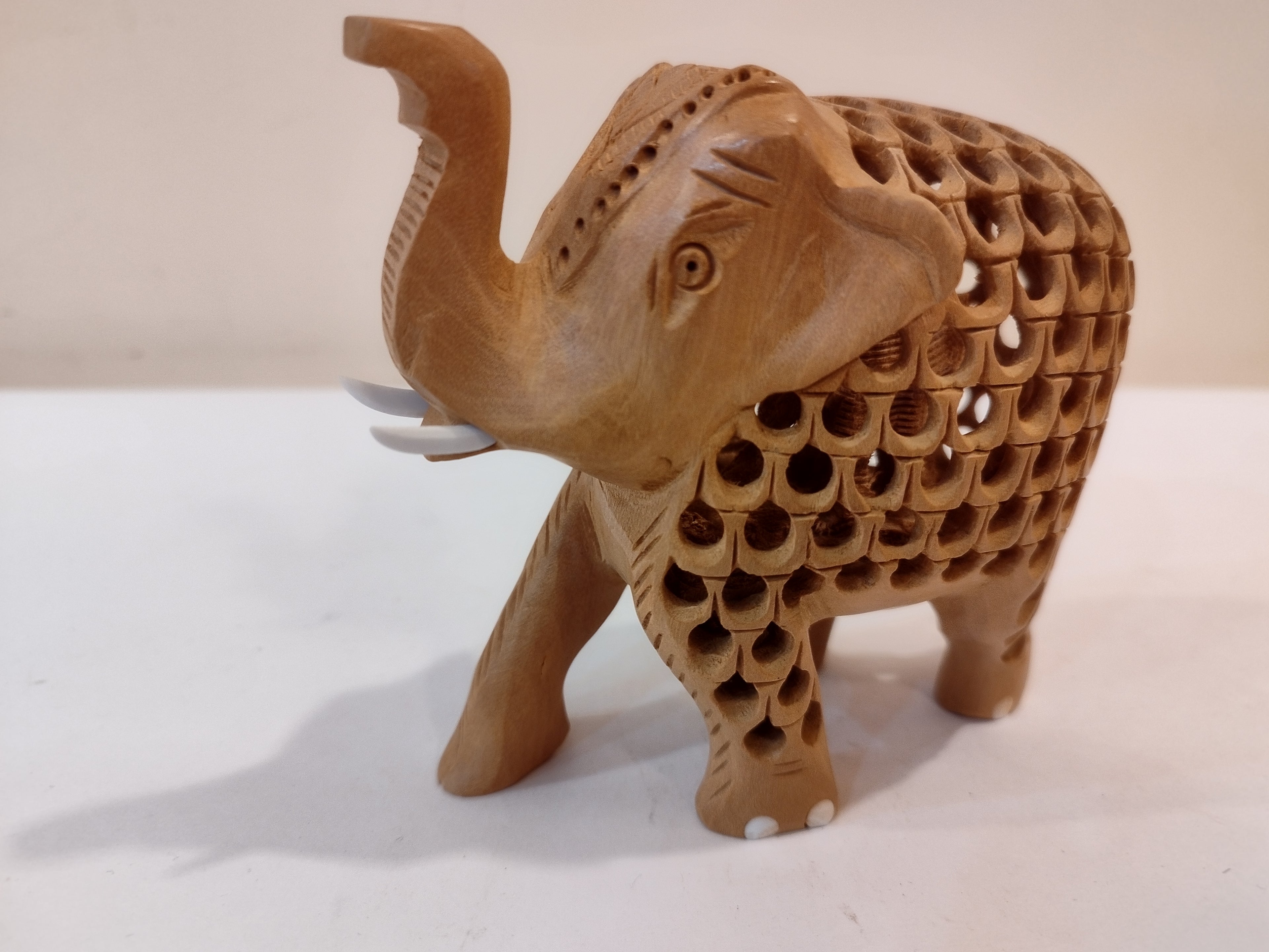 Hand Carved Kadam Wood Elephant mother and baby Onyx Inlay up trunk - 4 inches: Spiritual Decor