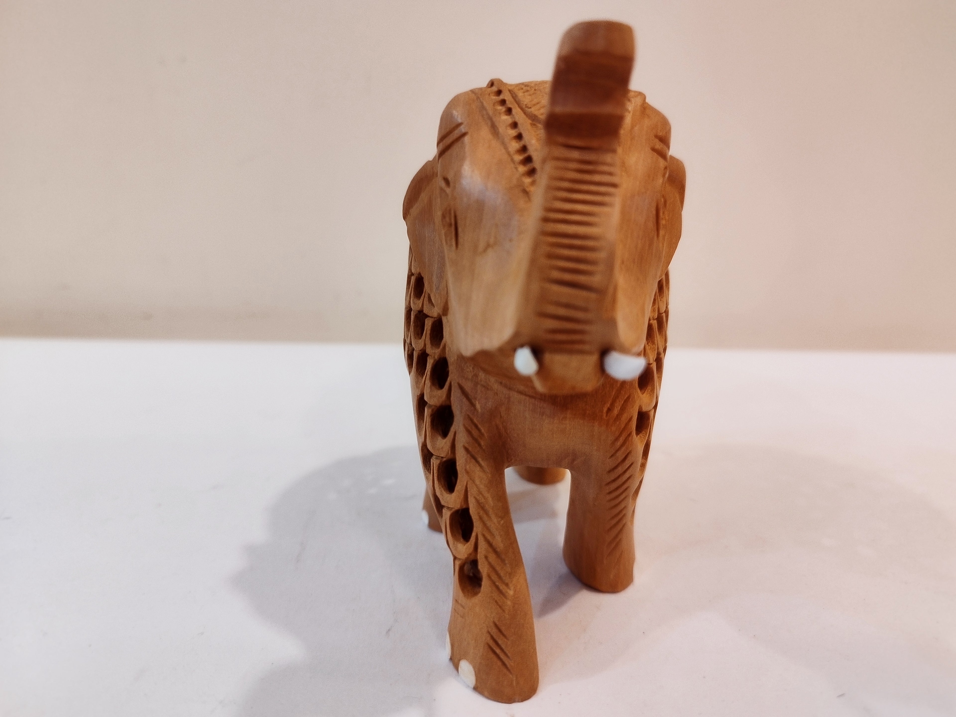 Hand Carved Kadam Wood Elephant mother and baby Onyx Inlay up trunk - 4 inches: Spiritual Decor