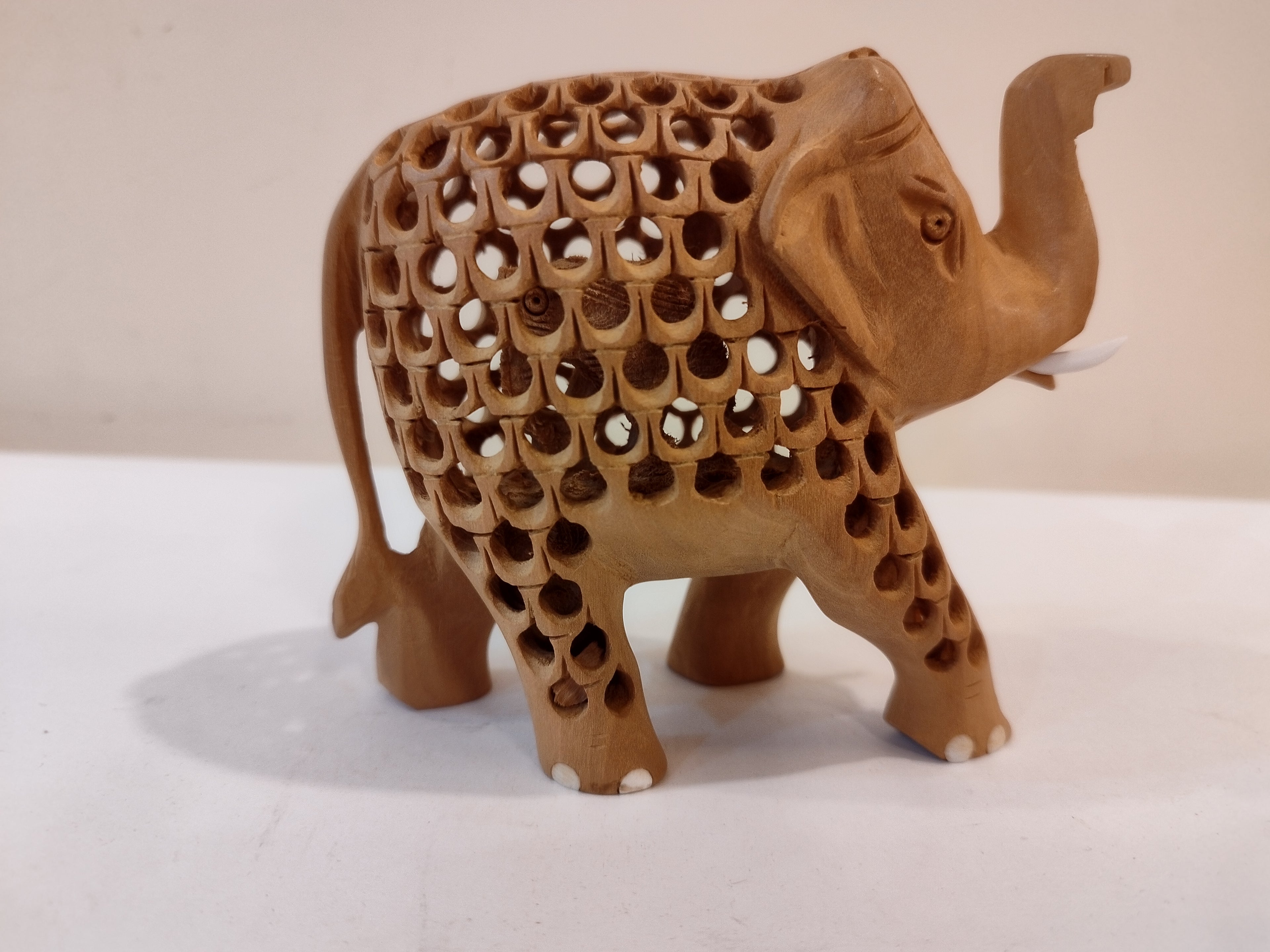 Hand Carved Kadam Wood Elephant mother and baby Onyx Inlay up trunk - 4 inches: Spiritual Decor