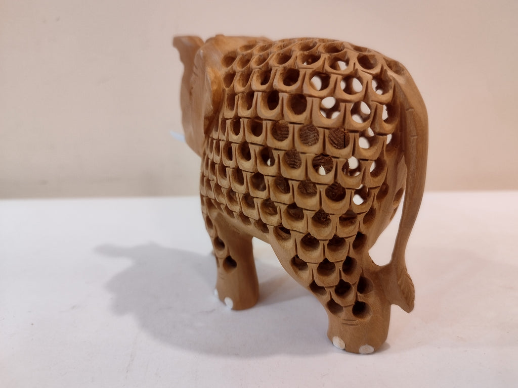 Hand Carved Kadam Wood Elephant mother and baby Onyx Inlay up trunk - 4 inches: Spiritual Decor