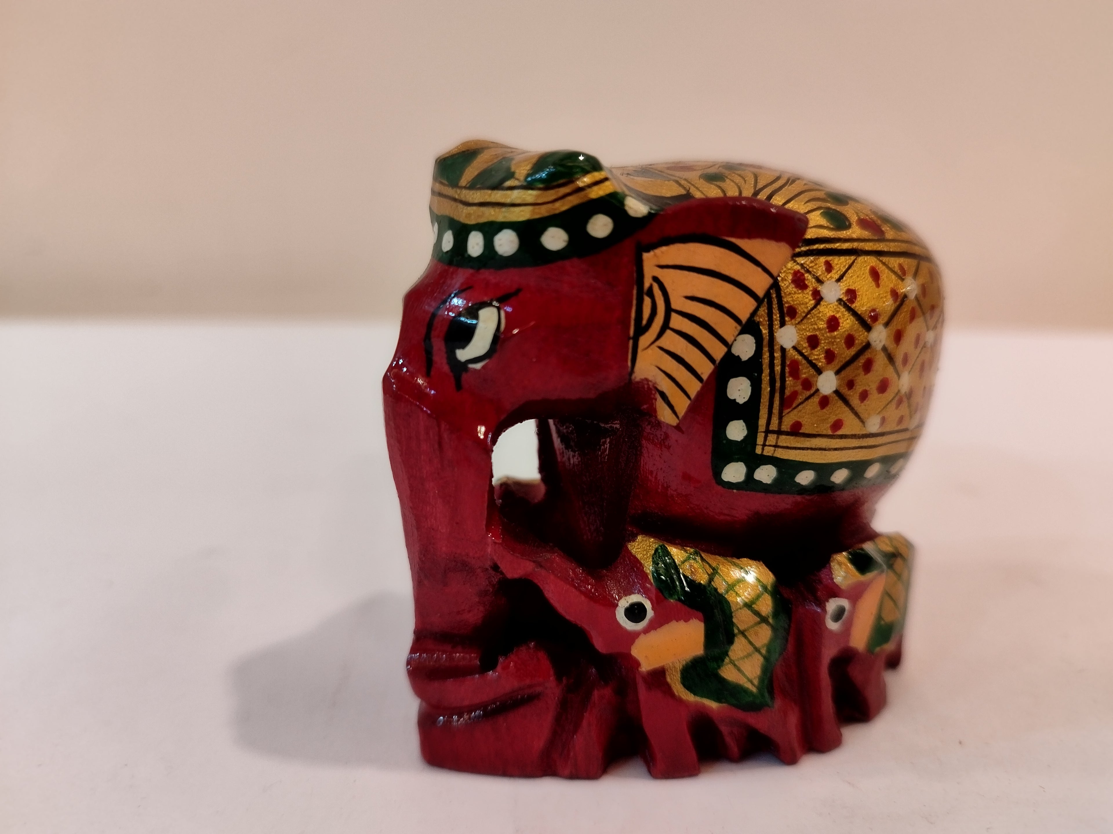 Handcrafted Kadam Wood Elephant Statue: Painted Red with baby -2 inches, Spiritual Decor