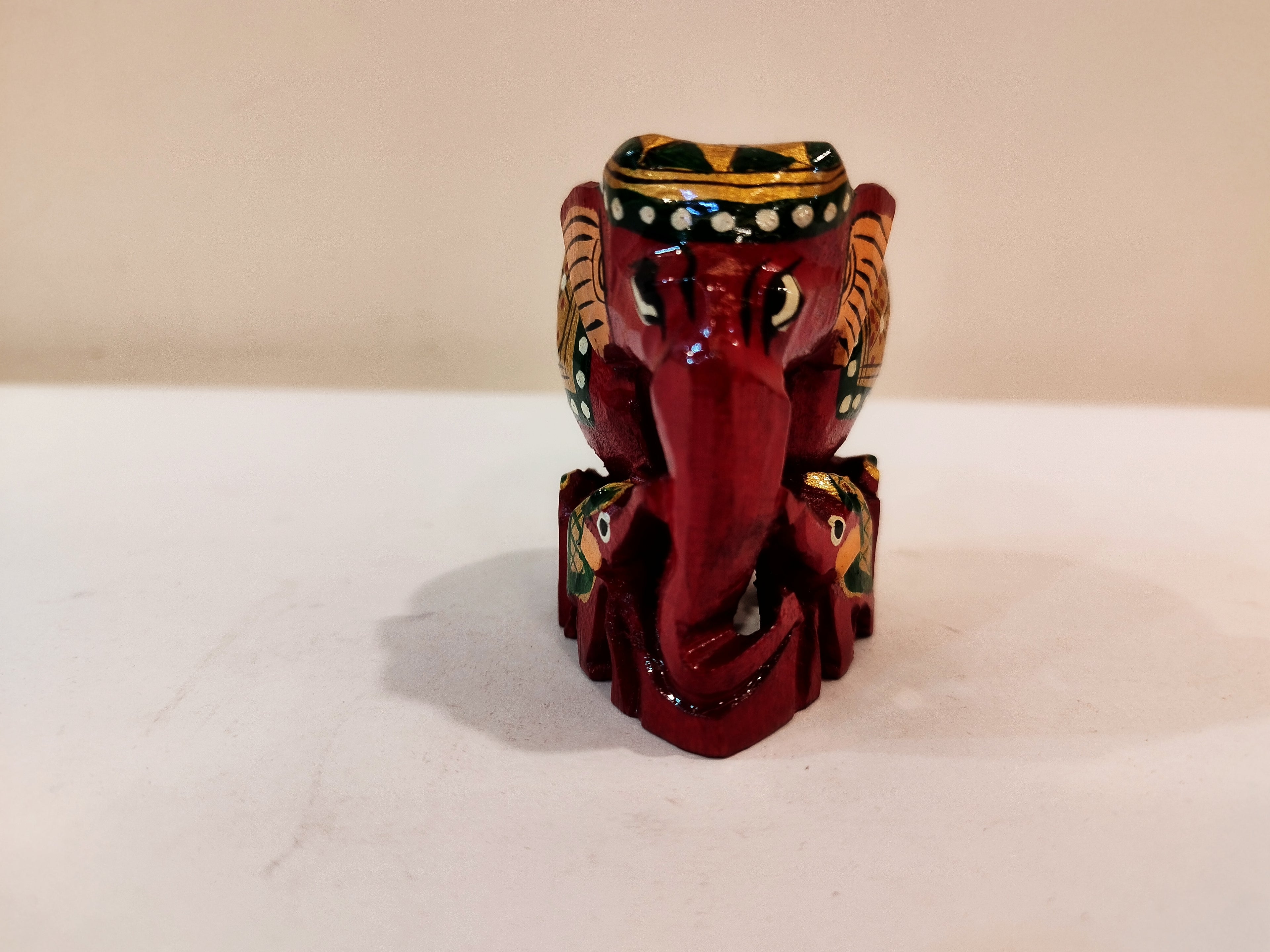 Handcrafted Kadam Wood Elephant Statue: Painted Red with baby -2 inches, Spiritual Decor
