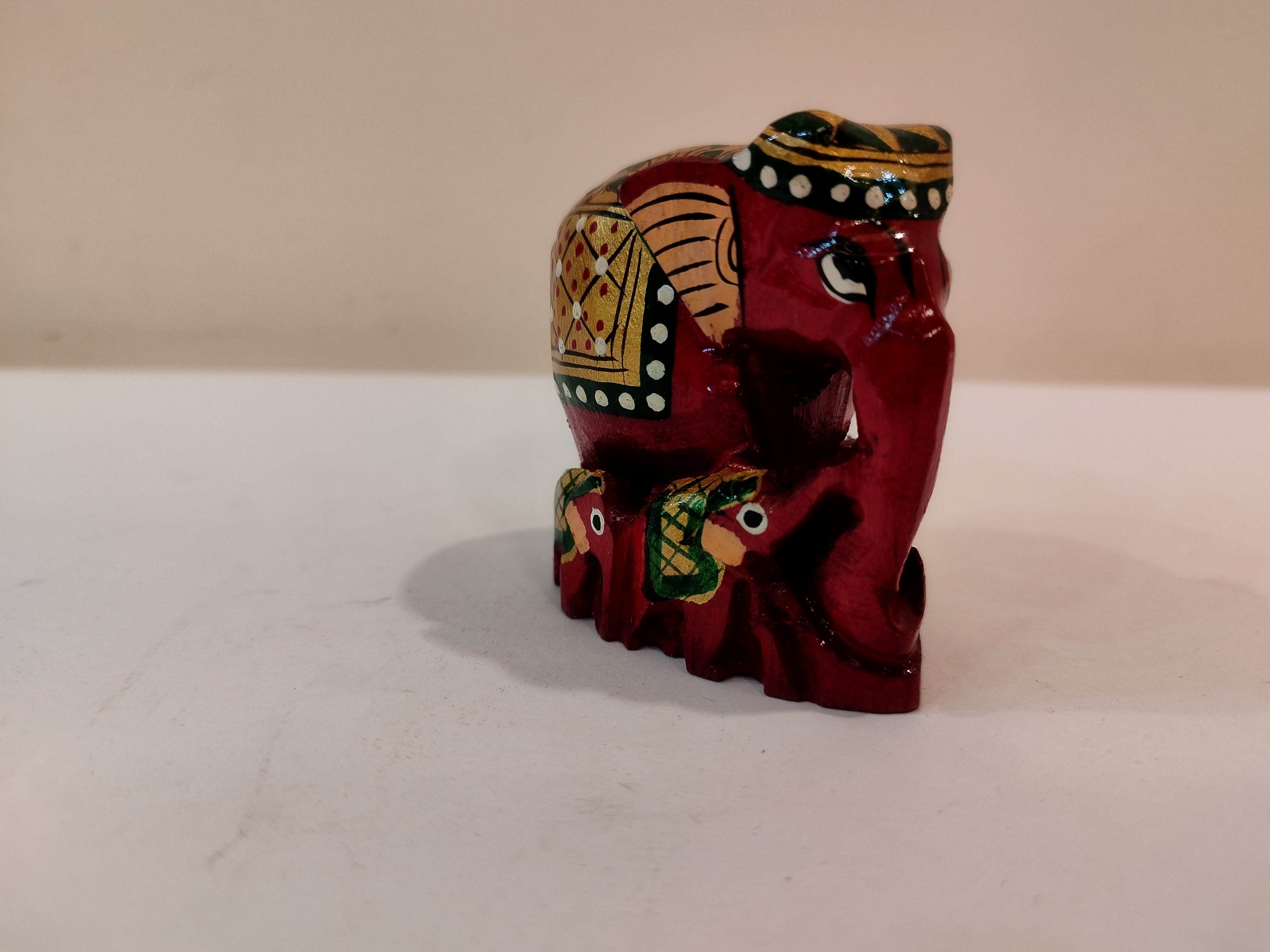 Handcrafted Kadam Wood Elephant Statue: Painted Red with baby -2 inches, Spiritual Decor