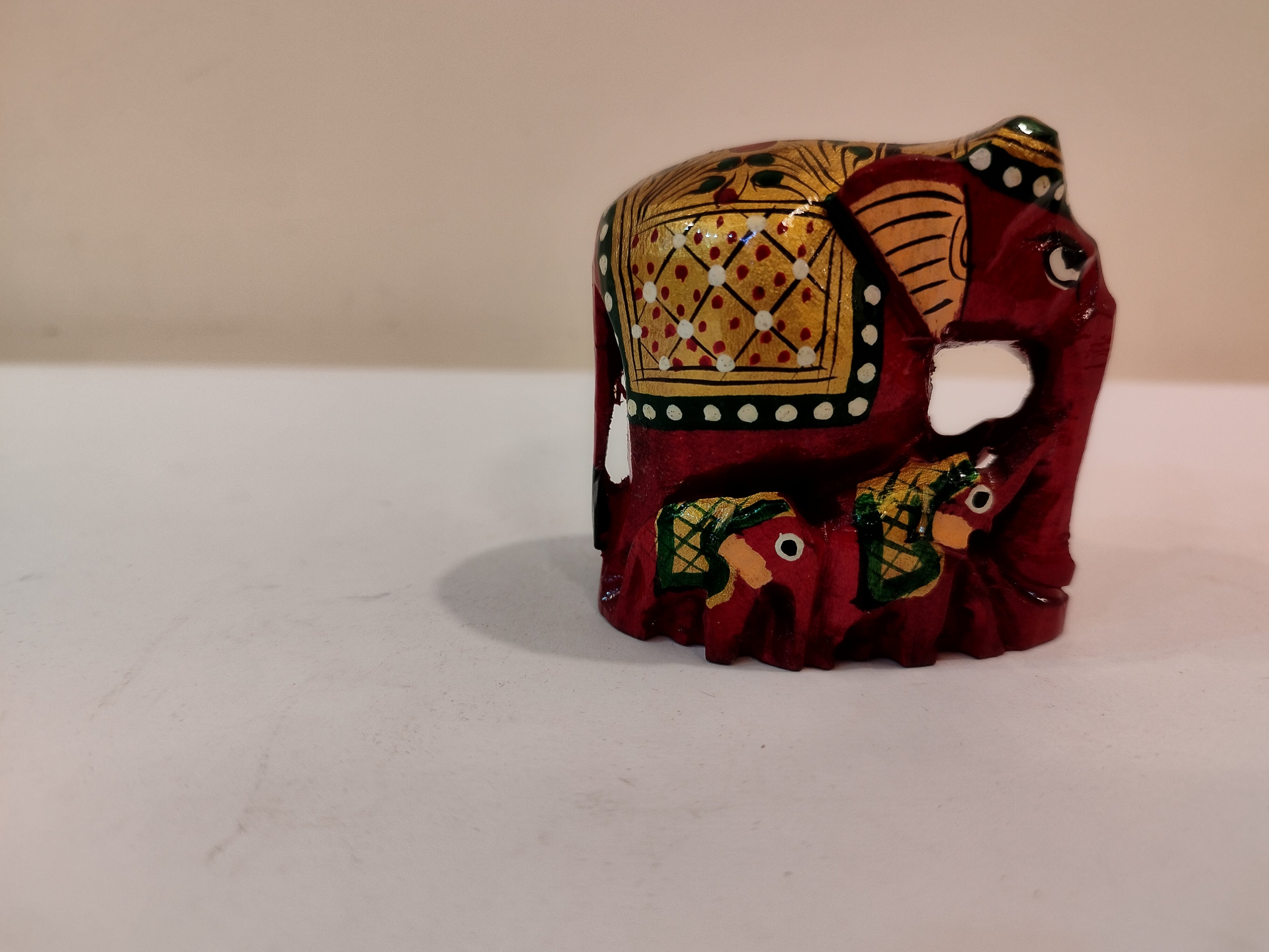 Handcrafted Kadam Wood Elephant Statue: Painted Red with baby -2 inches, Spiritual Decor