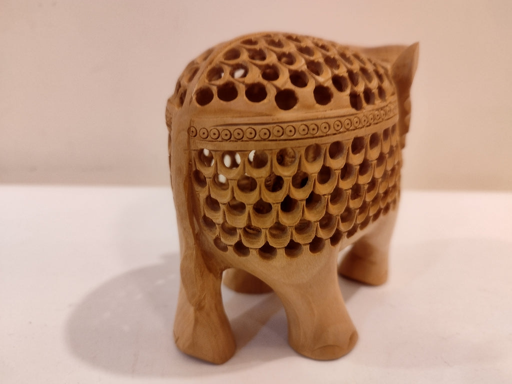 Mother and Baby in a Hand-Carved Kadam Wood Elephant Sculpture with Onyx Inlay