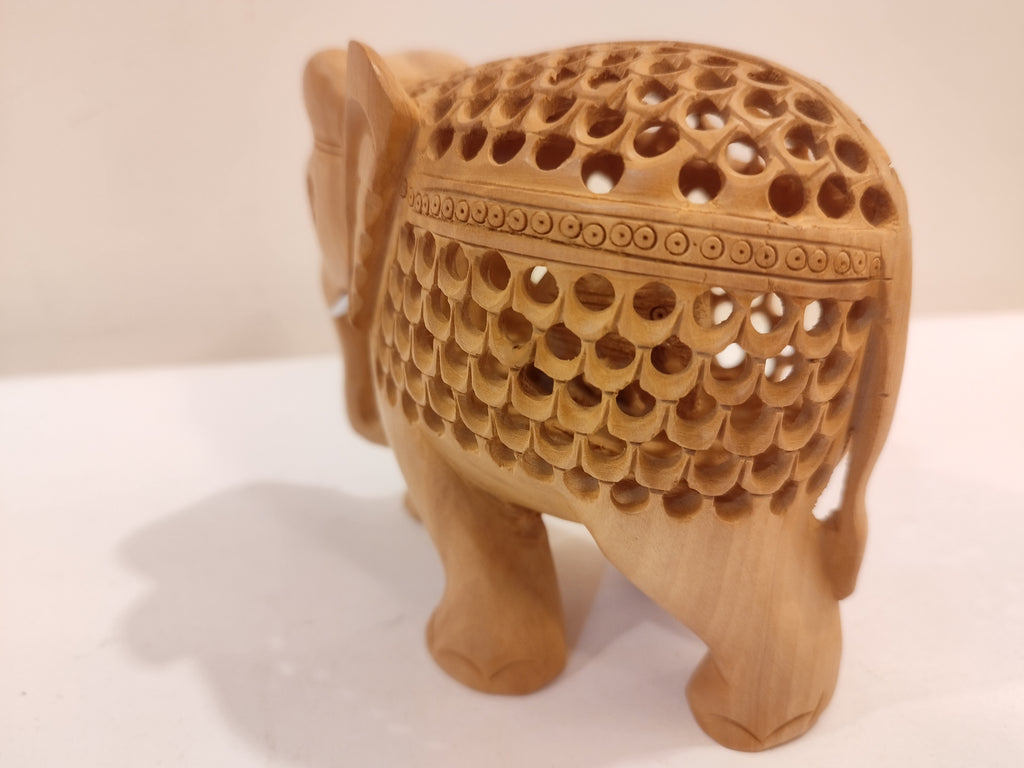 Mother and Baby in a Hand-Carved Kadam Wood Elephant Sculpture with Onyx Inlay