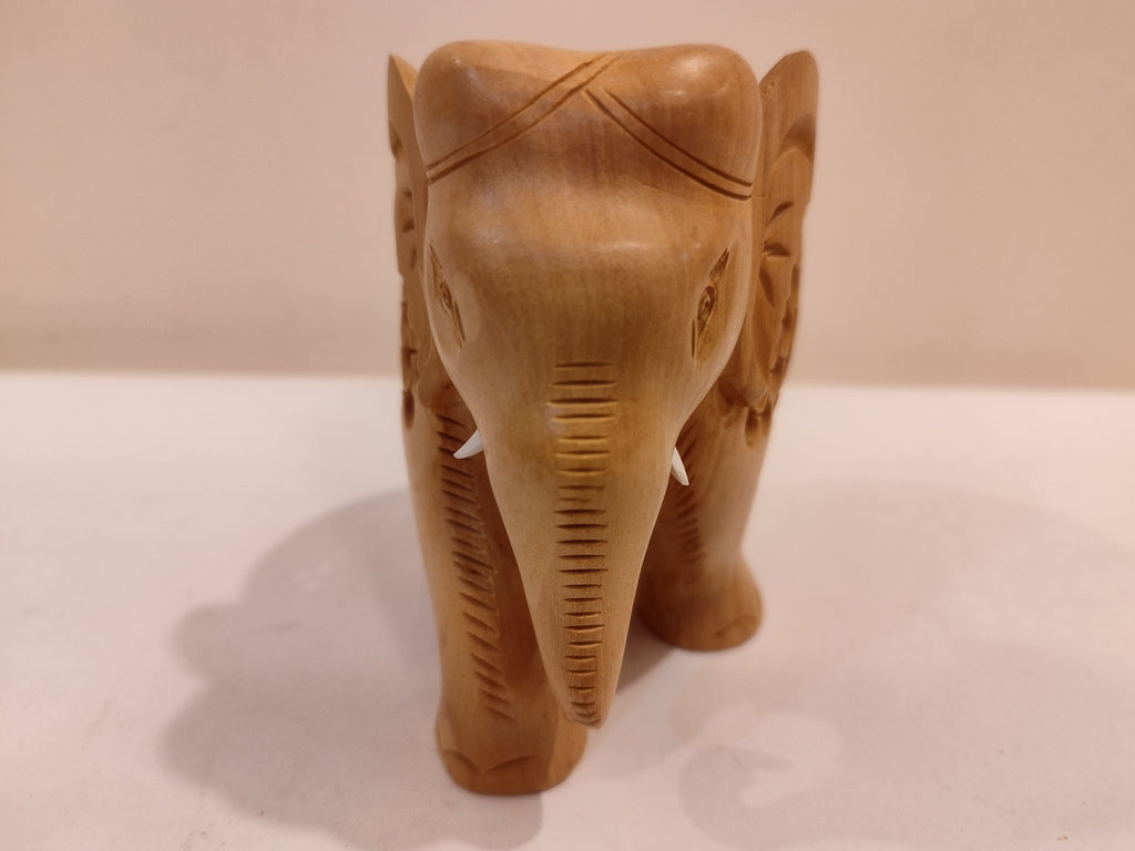 Mother and Baby in a Hand-Carved Kadam Wood Elephant Sculpture with Onyx Inlay