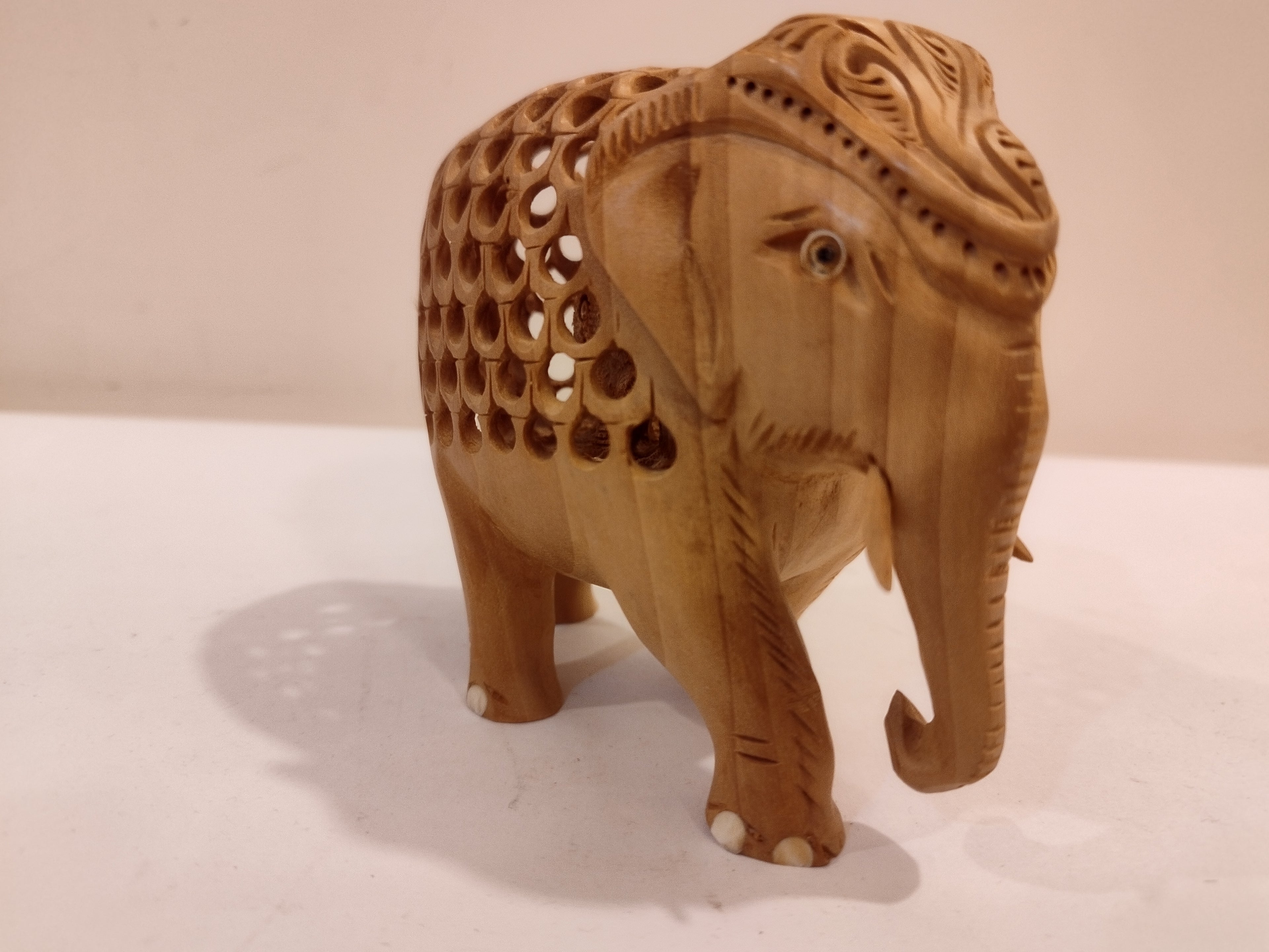 Hand Carved Kadam Wood Elephant Statue: Onyx Inlay- 4 Inches Spiritual Decor